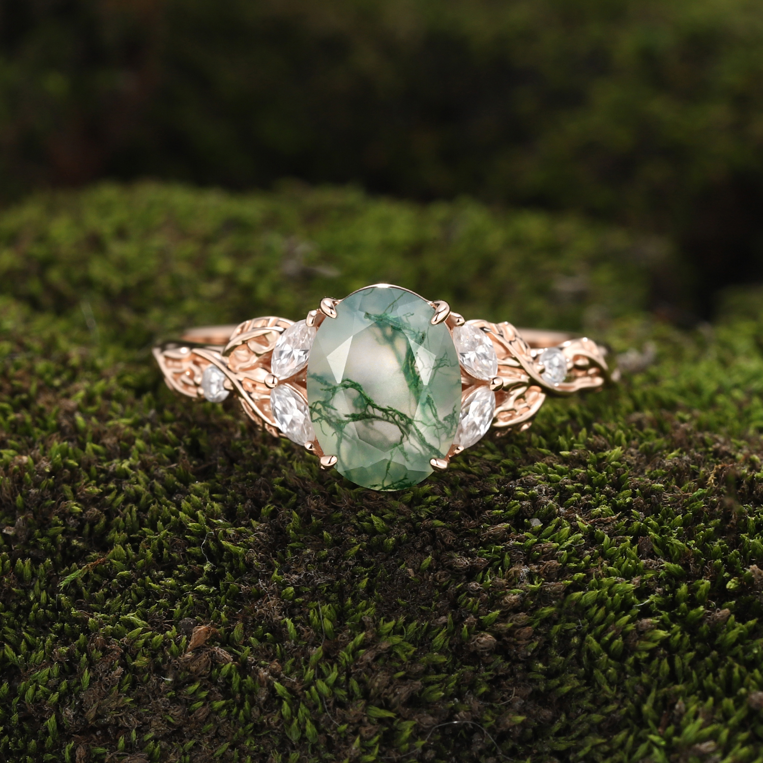 Rose Gold Natural Oval Cut Moss Agate Vine Leaf Ring with Moissanite Accents | Nature-Inspired Engagement Ring