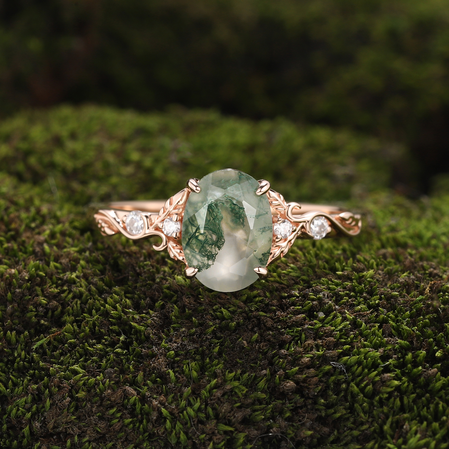 Rose Gold Natural Oval Cut Moss Agate Swirling Vine Ring with Moissanite Accents | Art Nouveau Engagement Ring