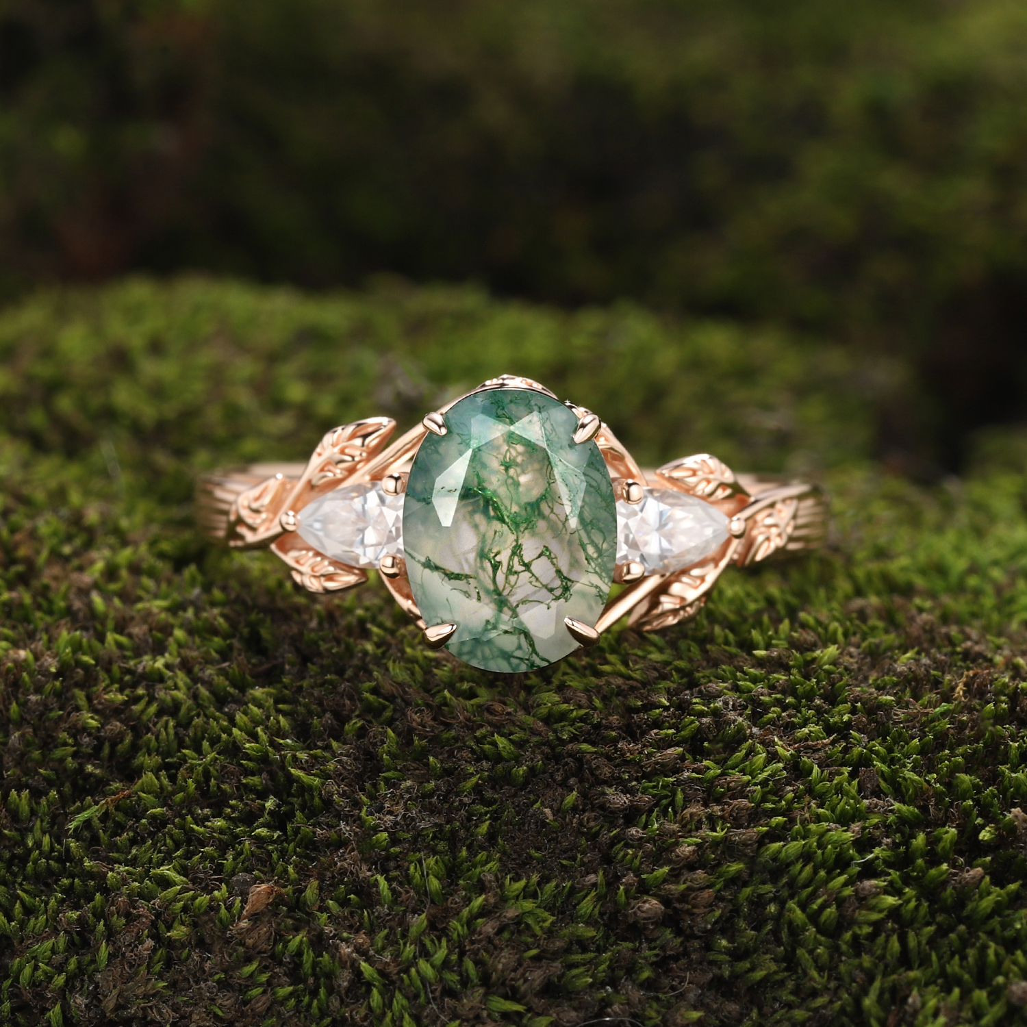 Rose Gold Natural Oval Cut Moss Agate Leaf Vine Three-Stone Ring with Pear Moissanite Accents | Nature Artistic Engagement Ring