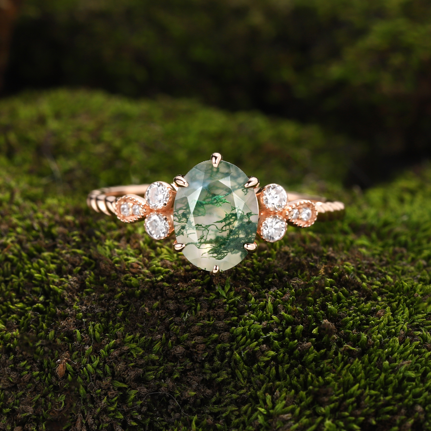 Rose Gold Natural Oval Cut Moss Agate Floral Twist Ring – Romantic Bloom from the Forest