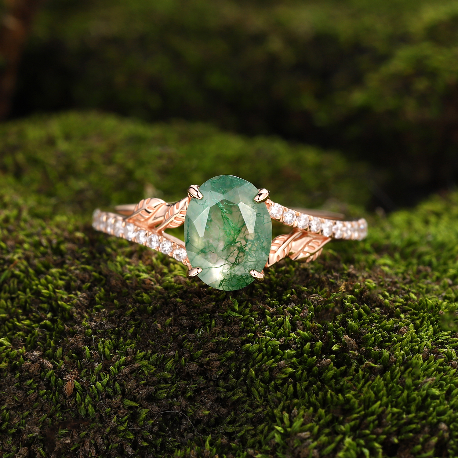 Rose Gold Natural Oval Cut Moss Agate Vine Moissanite Ring with Leaf Carving & Pavé Half Band | Nature Artistic Engagement Ring