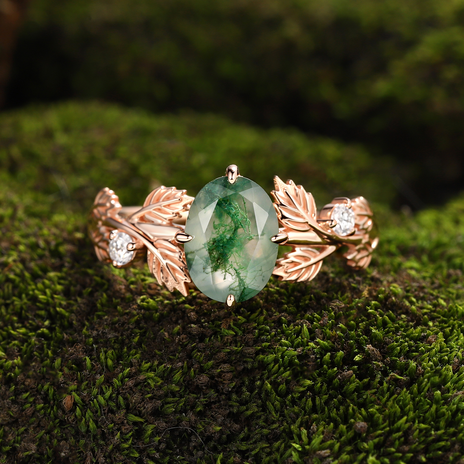 Oval Cut Moss Agate Rose Gold Leaf Ring with Symmetrical Carved Leaves | Unique Forest Boho Engagement Ring