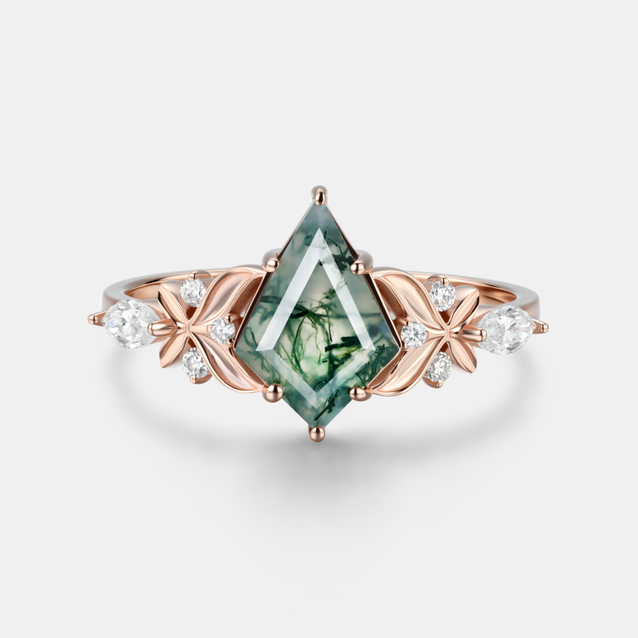 Kite Cut Moss Agate Leaf Ring