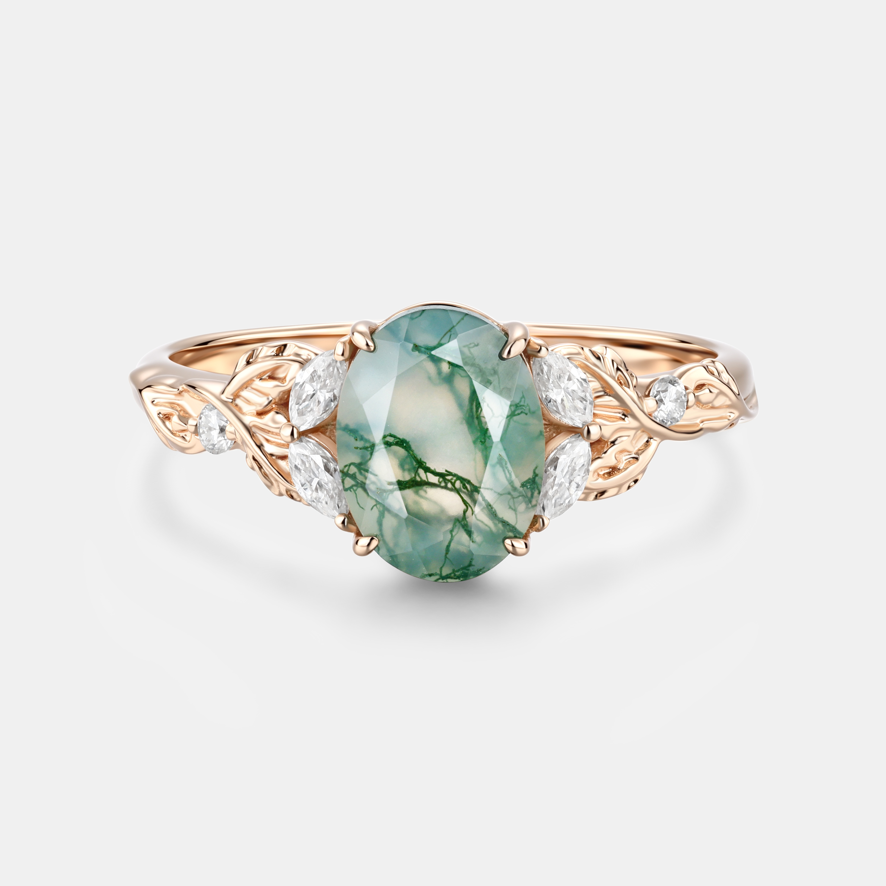 Rose Gold Natural Oval Cut Moss Agate Vine Leaf Ring with Moissanite Accents | Nature-Inspired Engagement Ring