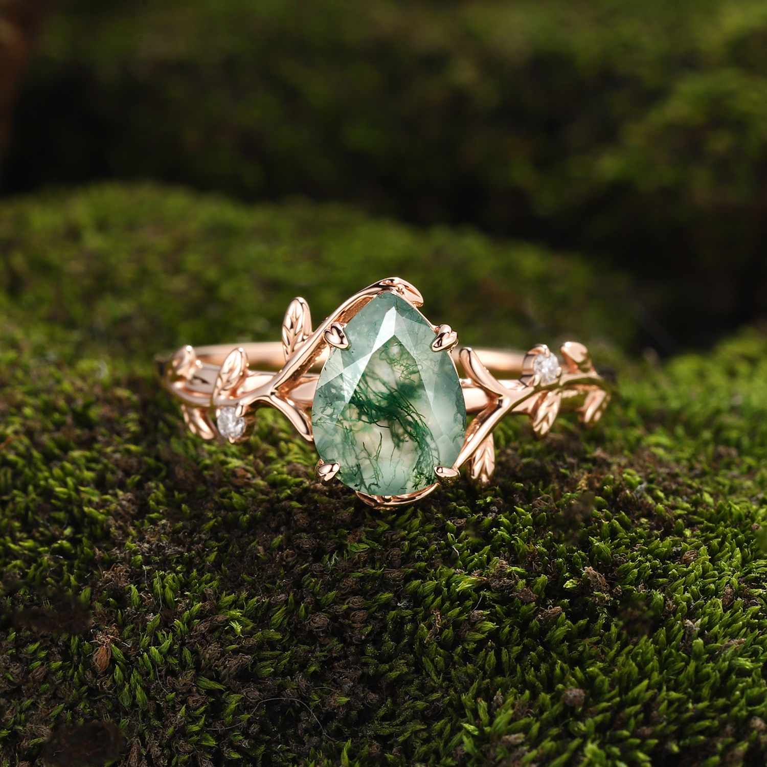 Rose Gold Natural Pear Cut Moss Agate Intertwined Vine Ring with Leaf Carving | Artistic Luxe Engagement Ring