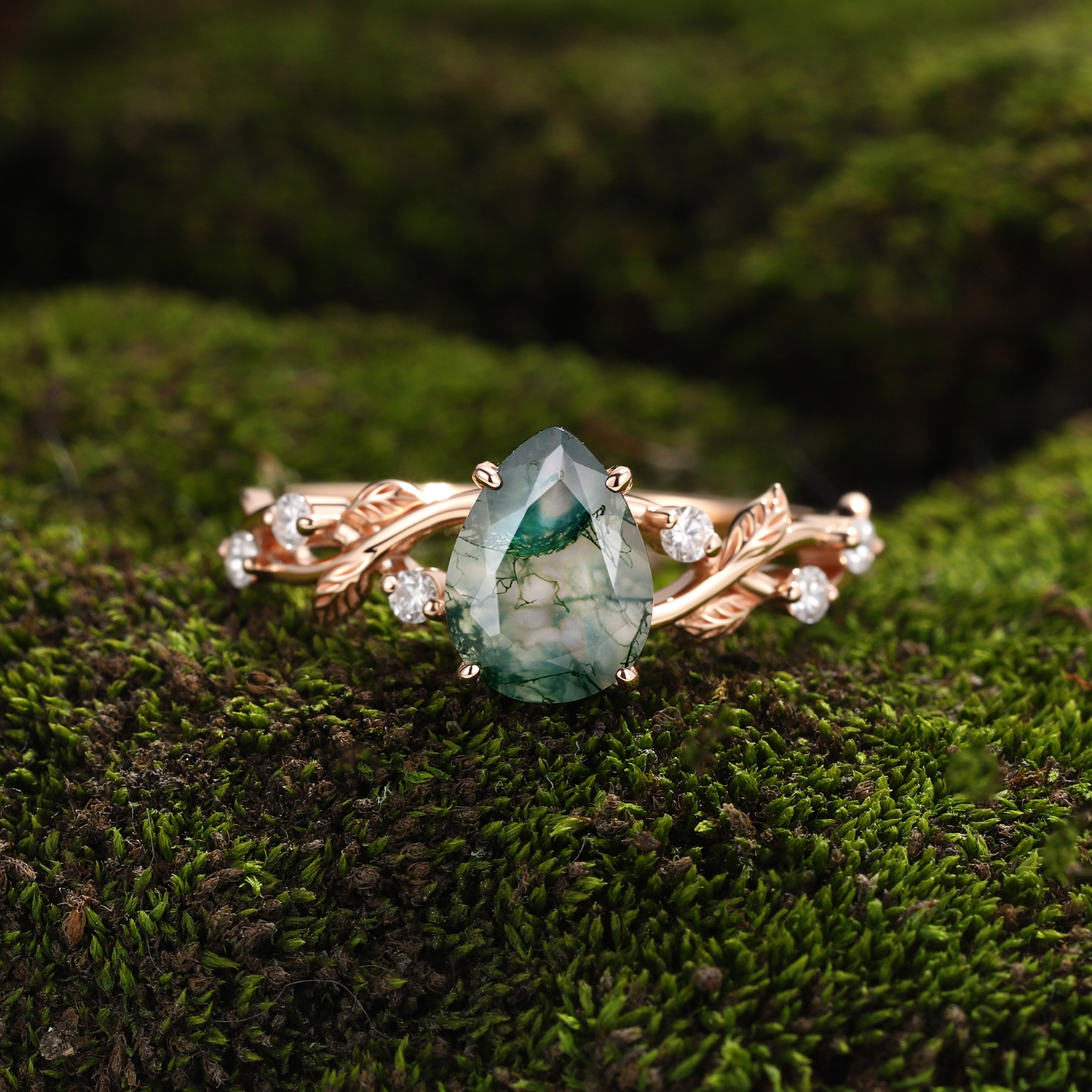 Nature-Inspired Pear Moss Agate Engagement Ring in 14K Rose Gold with Leaf Vine & Diamonds