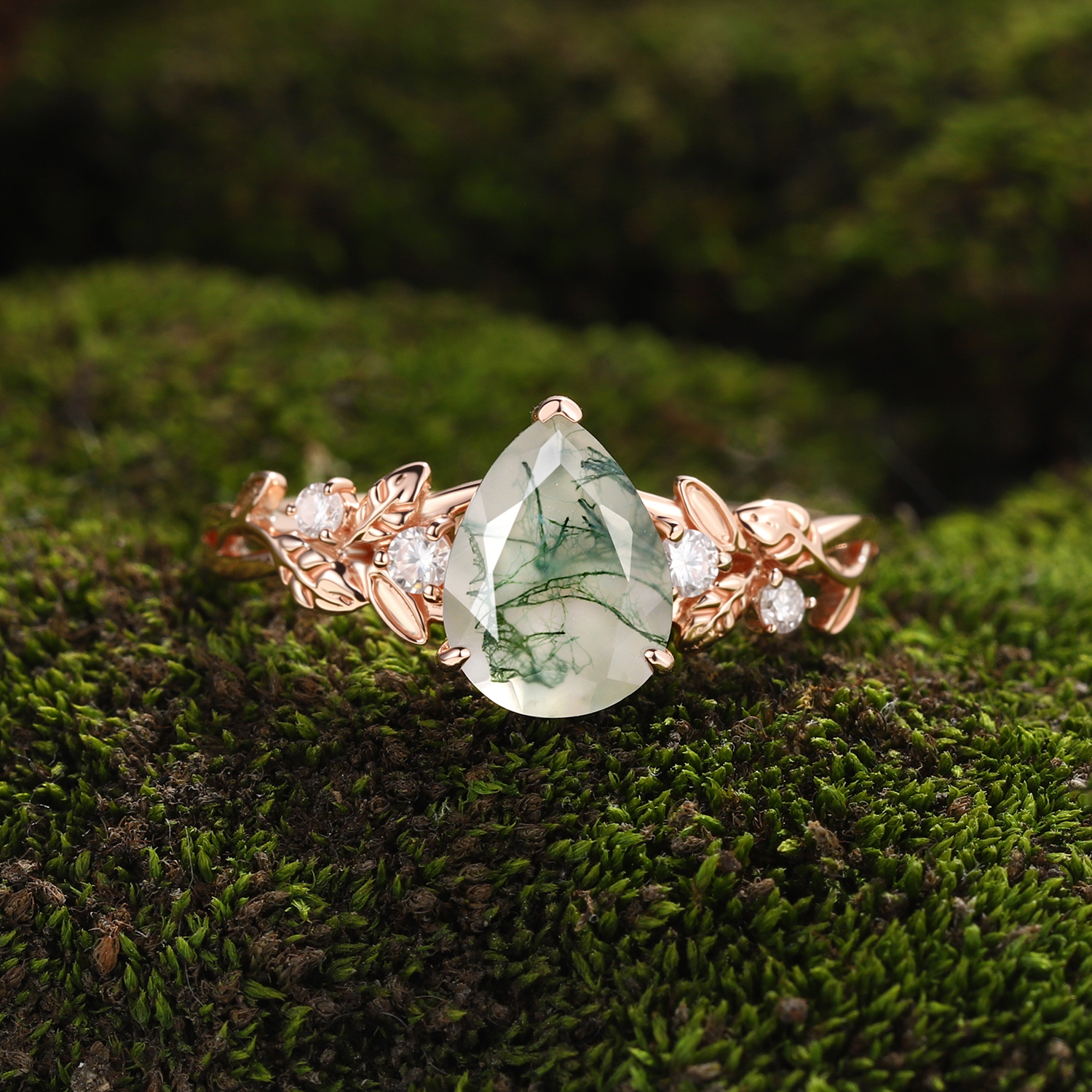 Pear Cut Moss Agate Floral Vine Engagement Ring – Rose Gold with Diamond Accents
