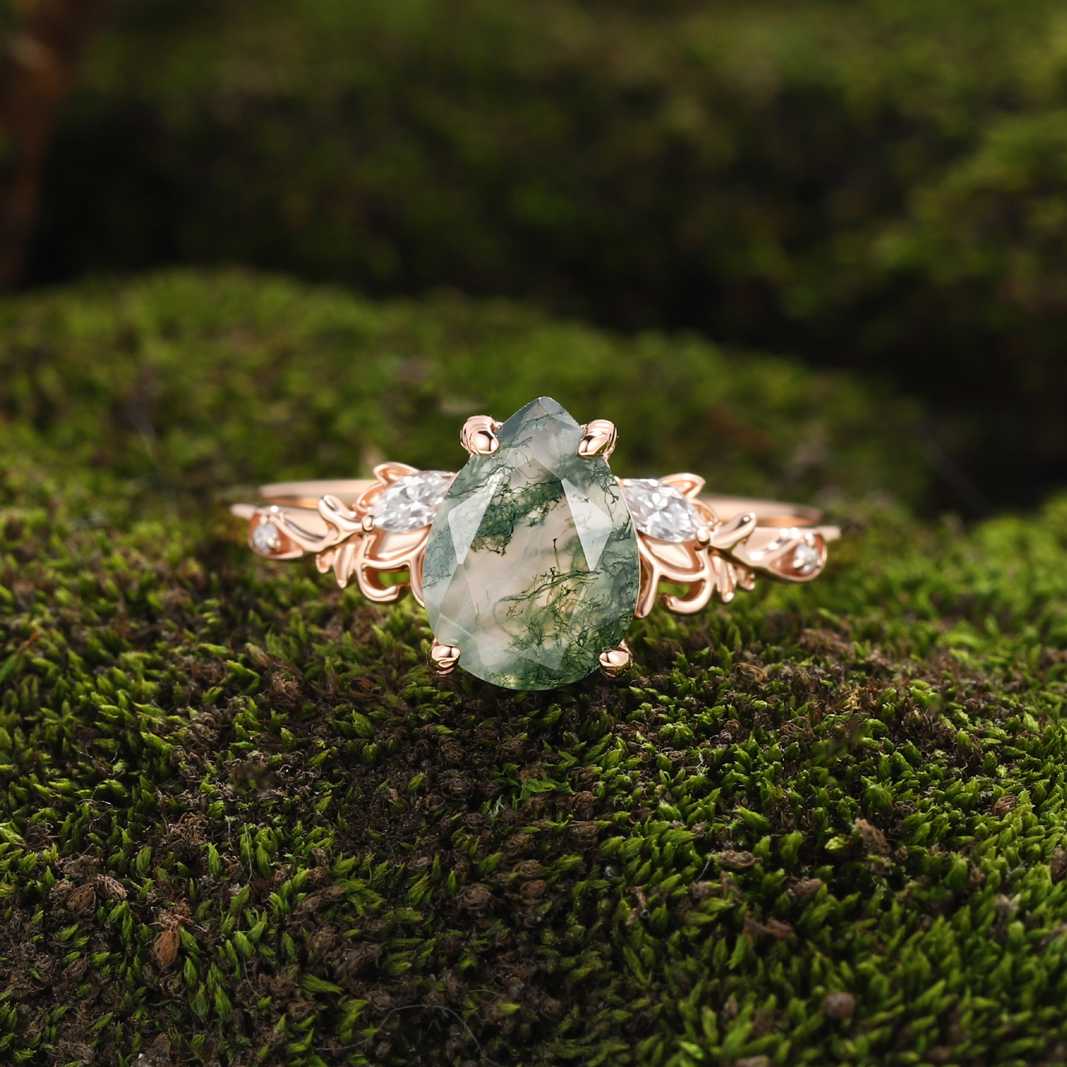 Unique Moss Agate Teardrop Ring with Rose Gold Vine Leaves and Diamonds