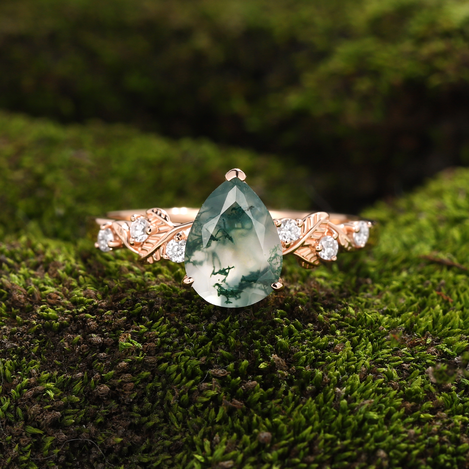 Botanical Pear Moss Agate Engagement Ring |  Rose Gold Vine & Leaf Jewelry