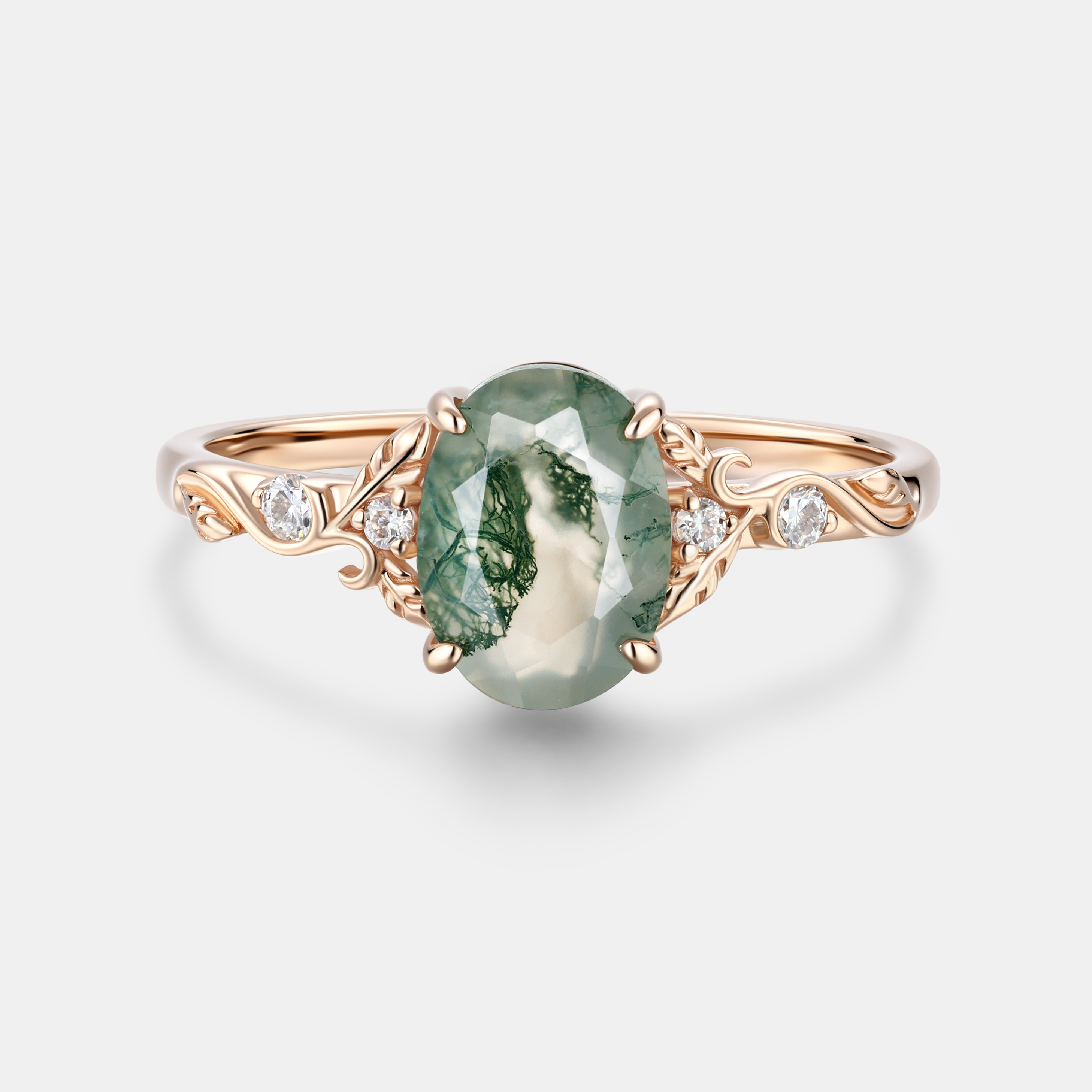 Rose Gold Natural Oval Cut Moss Agate Swirling Vine Ring with Moissanite Accents | Art Nouveau Engagement Ring