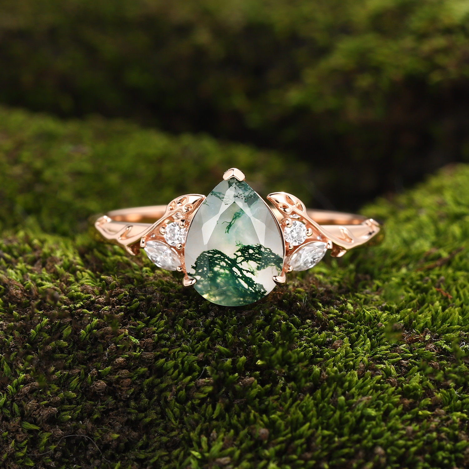 Enchanted Forest Pear Moss Agate Engagement Ring in  Rose Gold with Diamond Leaves