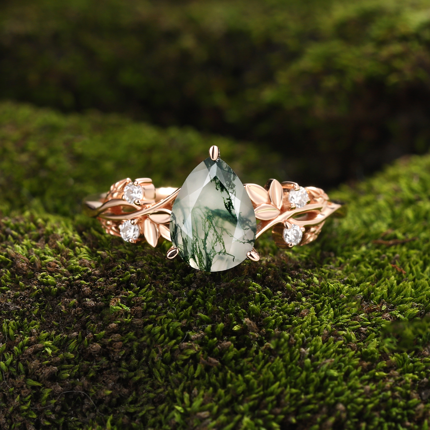 Eternal Canopy Pear Moss Agate Engagement Ring in Rose Gold with Diamond Foliage