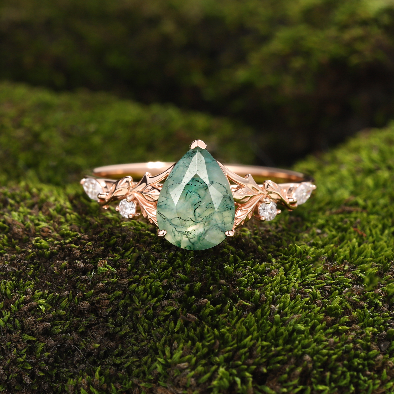 Lucky Moss Agate Floral Engagement Ring – Pear Shape in Rose Gold
