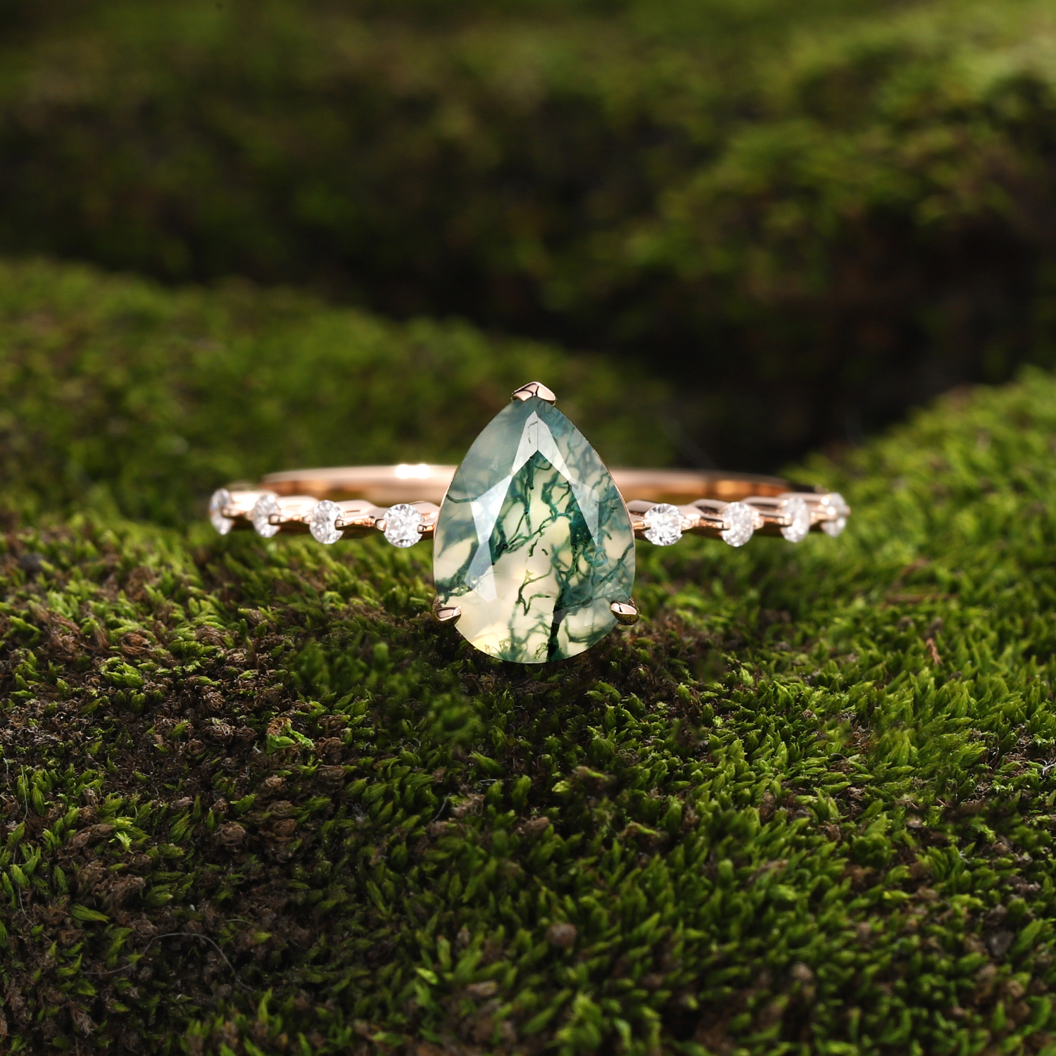 Lucky Eternal Canopy Pear Moss Agate Engagement Ring in  Rose Gold