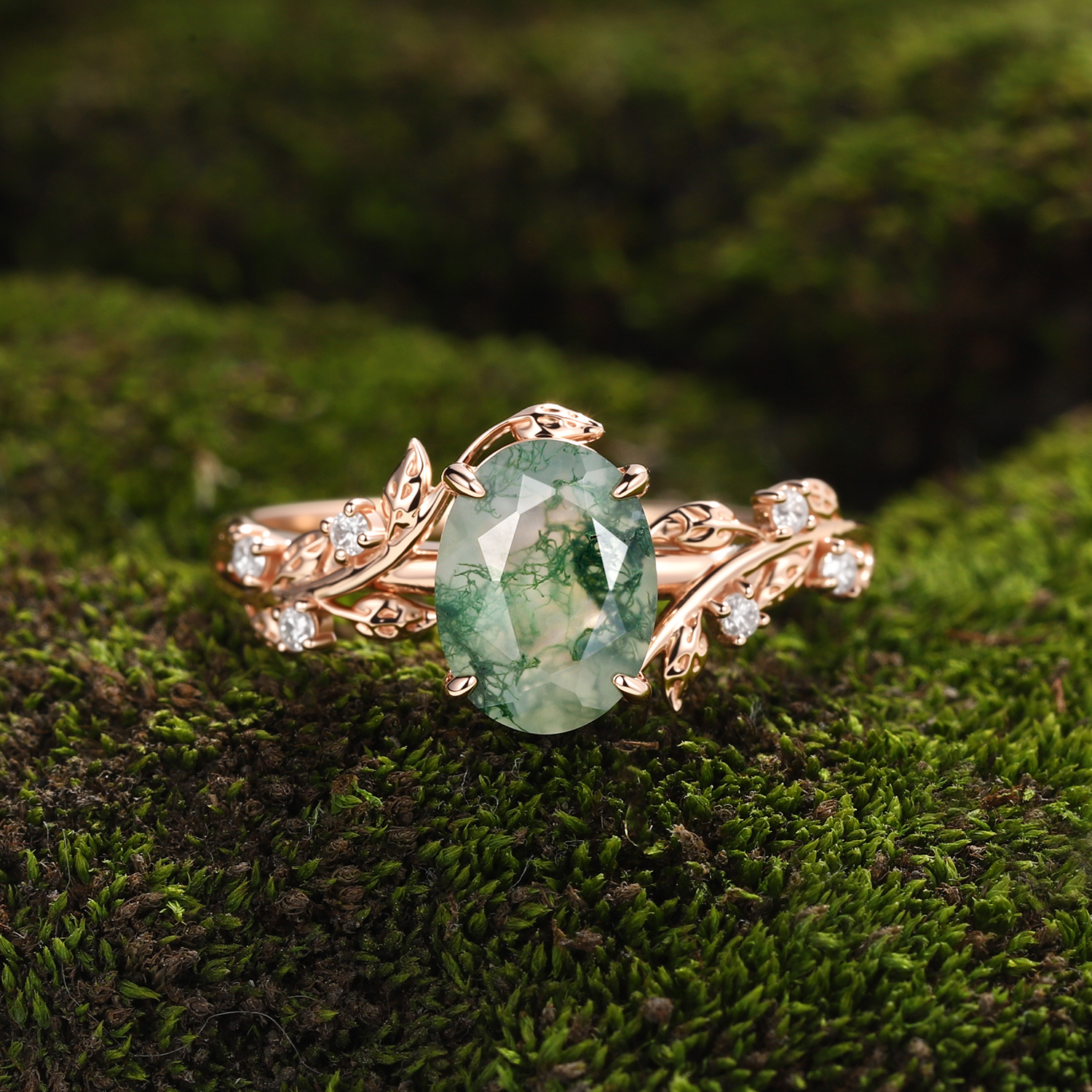 Rose Gold Natural Oval Cut Moss Agate Intertwined Vine Ring with Leaf Carving & moissanite Accents | Nature Artistic Engagement Ring