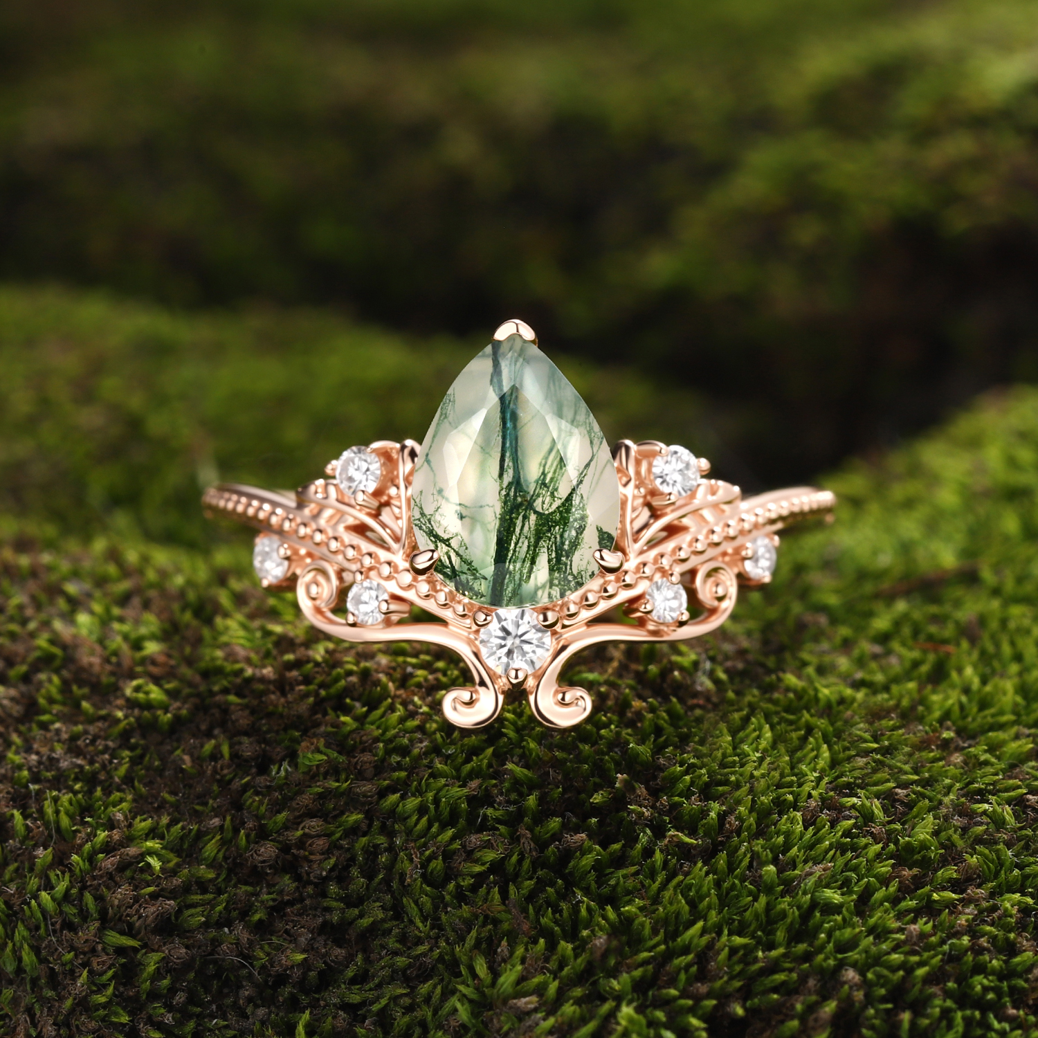 Rose Gold Natural Pear Cut Moss Agate Art Nouveau Ring with Vine Milgrain Accents | Luxurious Vintage Engagement Ring