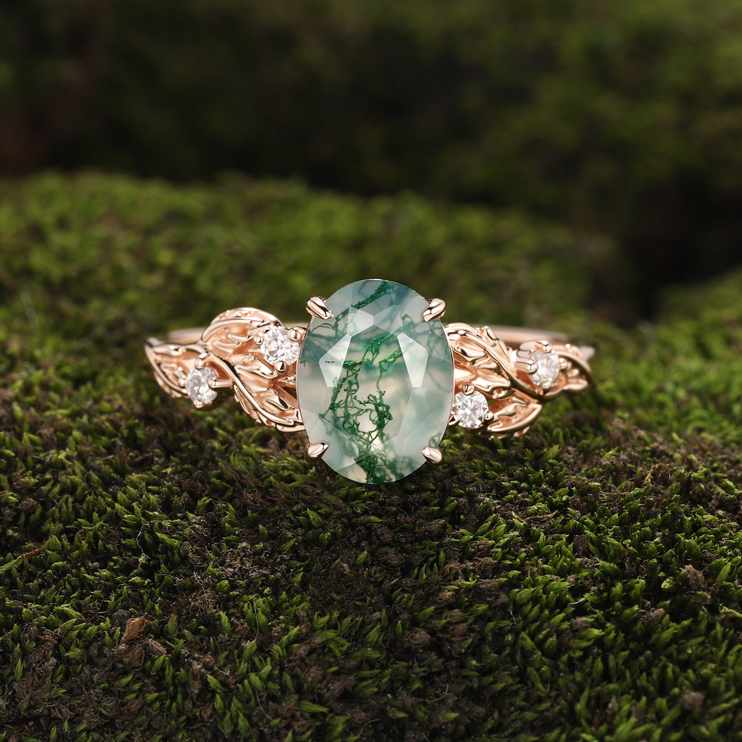 Rose Gold Natural Oval Cut Moss Agate Vine Leaf Ring with Moissanite Foliage | Nature Artistic Engagement Ring