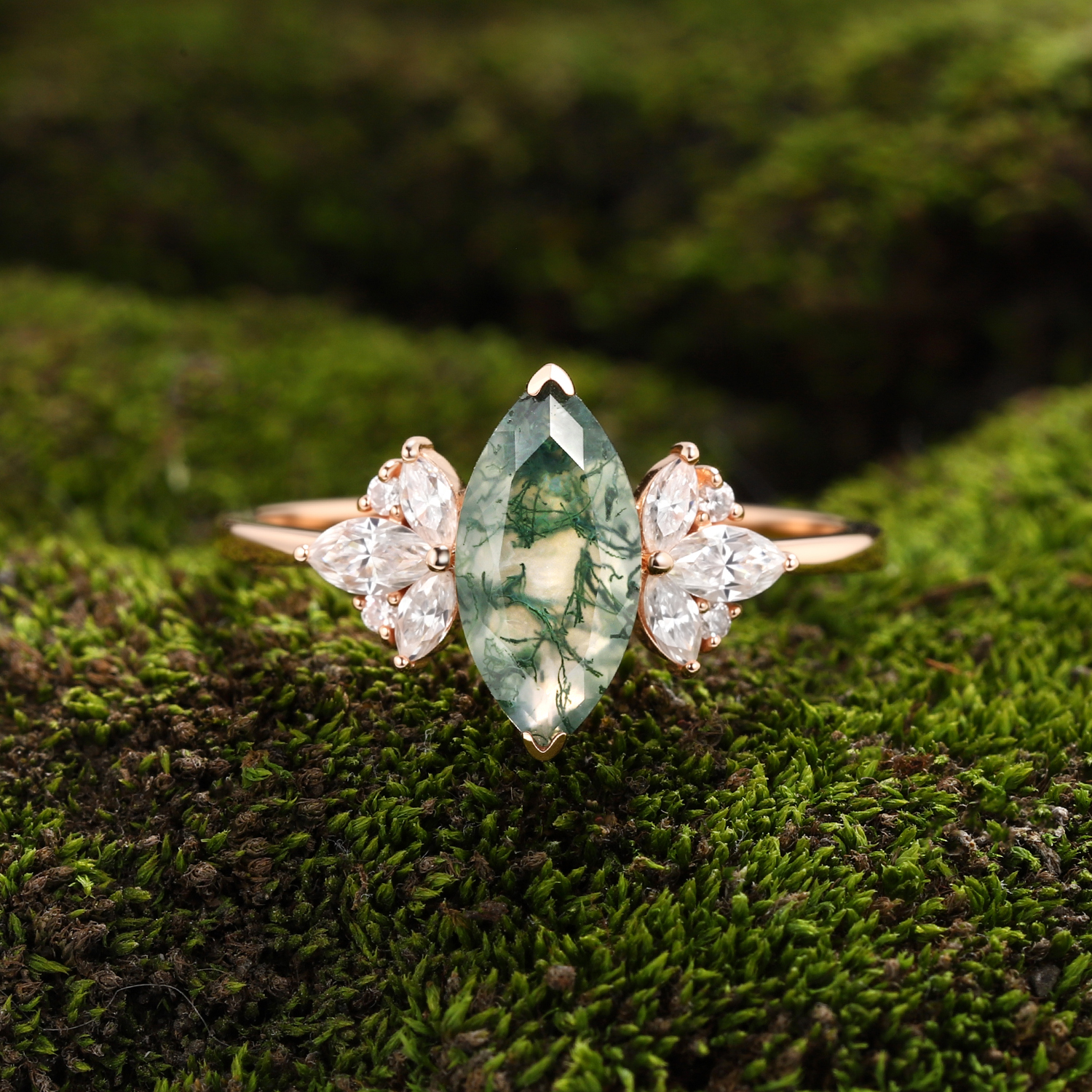 Rose Gold Natural Marquise Cut Moss Agate Floral Ring with Moissanite Leaf Accents | Nature-Inspired Engagement Ring-GLR0014