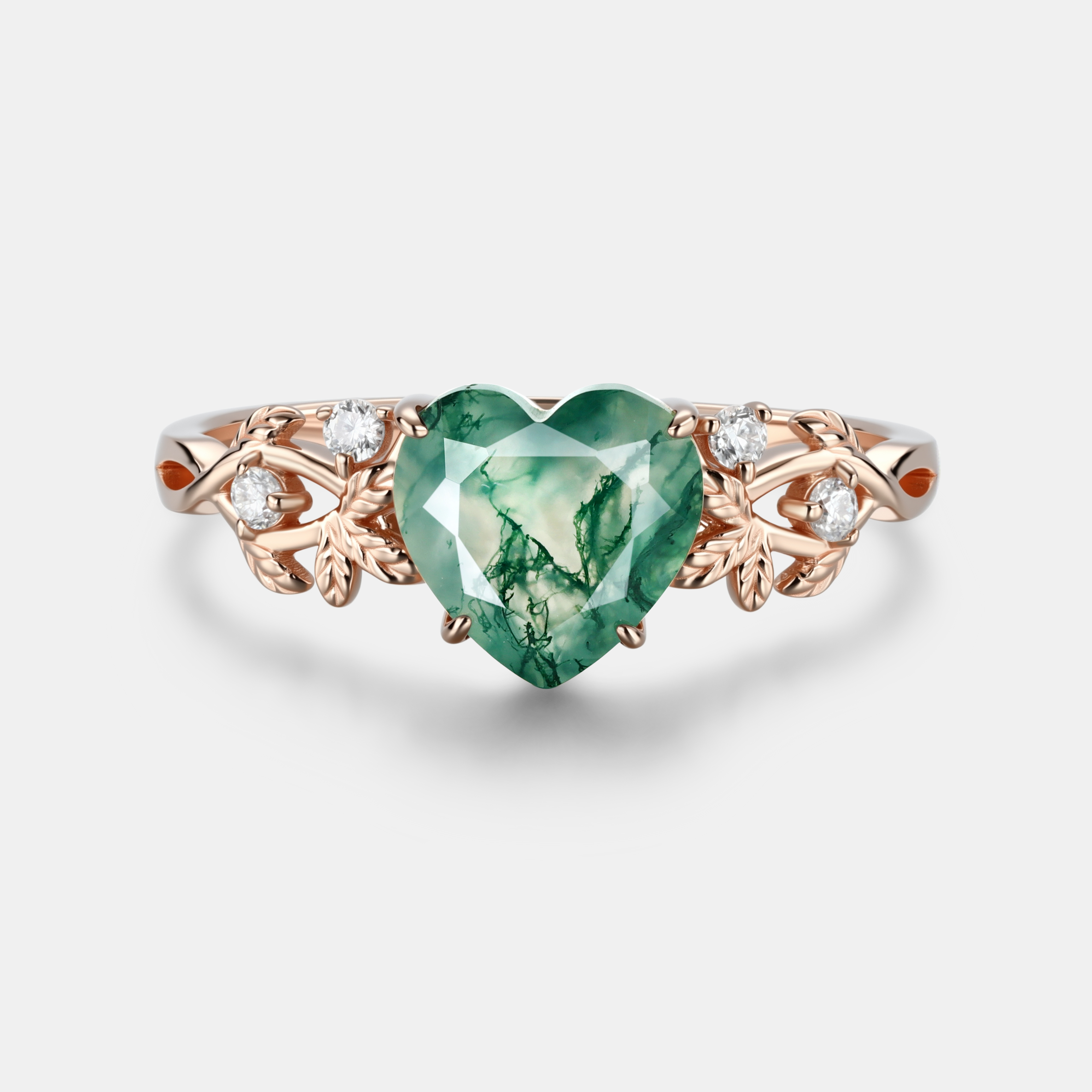 Lucky Heart Natural Moss Agate Engagement Ring in Rose Gold | Leaf Vine Botanical Design with Moissanite Accents