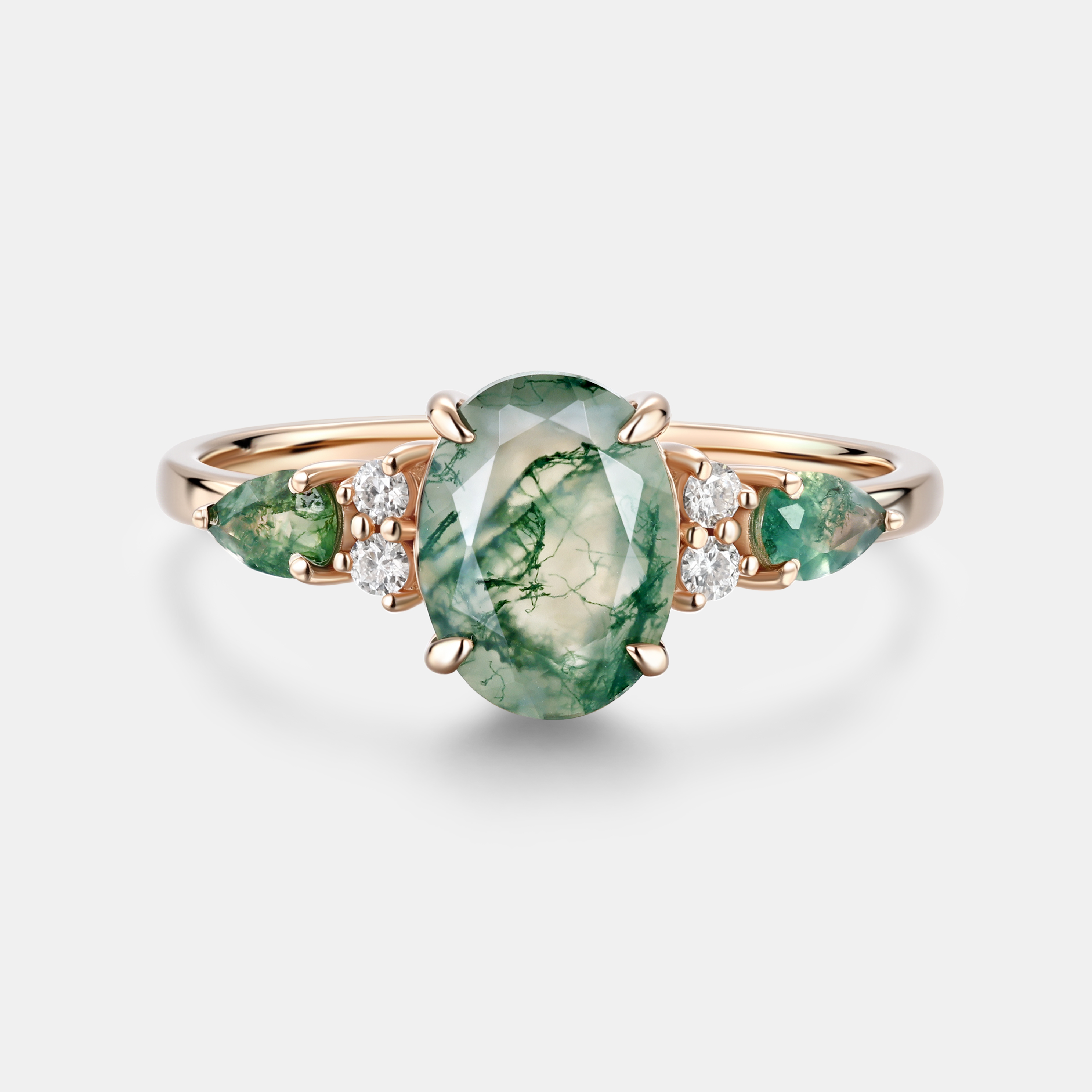 Rose Gold Natural Oval Cut Moss Agate Three-Stone Ring with Pear Side Stones & Moissanite Accents | Nature-Inspired Engagement Ring