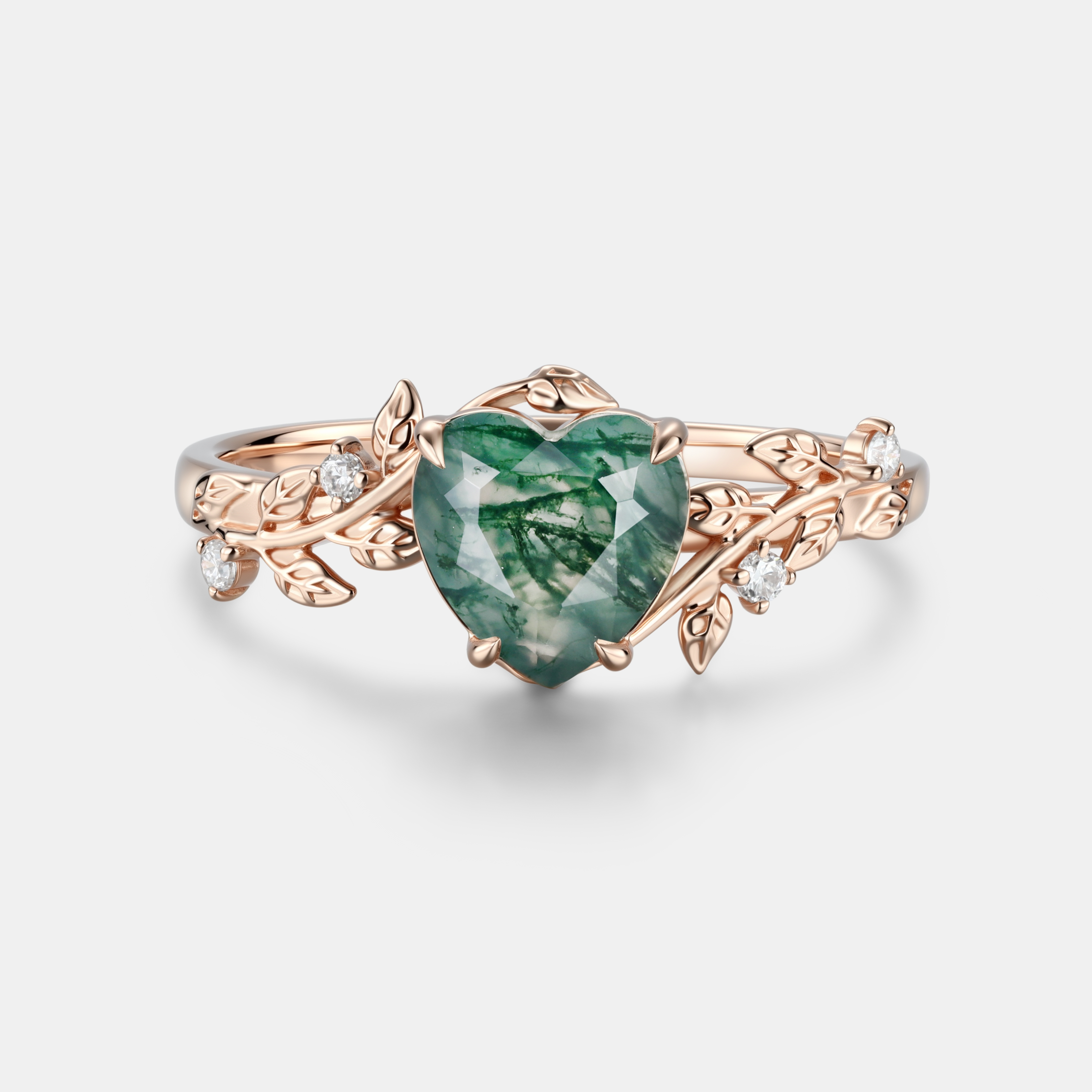 Lucky Heart Natural Moss Agate Engagement Ring in Rose Gold | Leaf Vine Botanical Design with Moissanite Accents