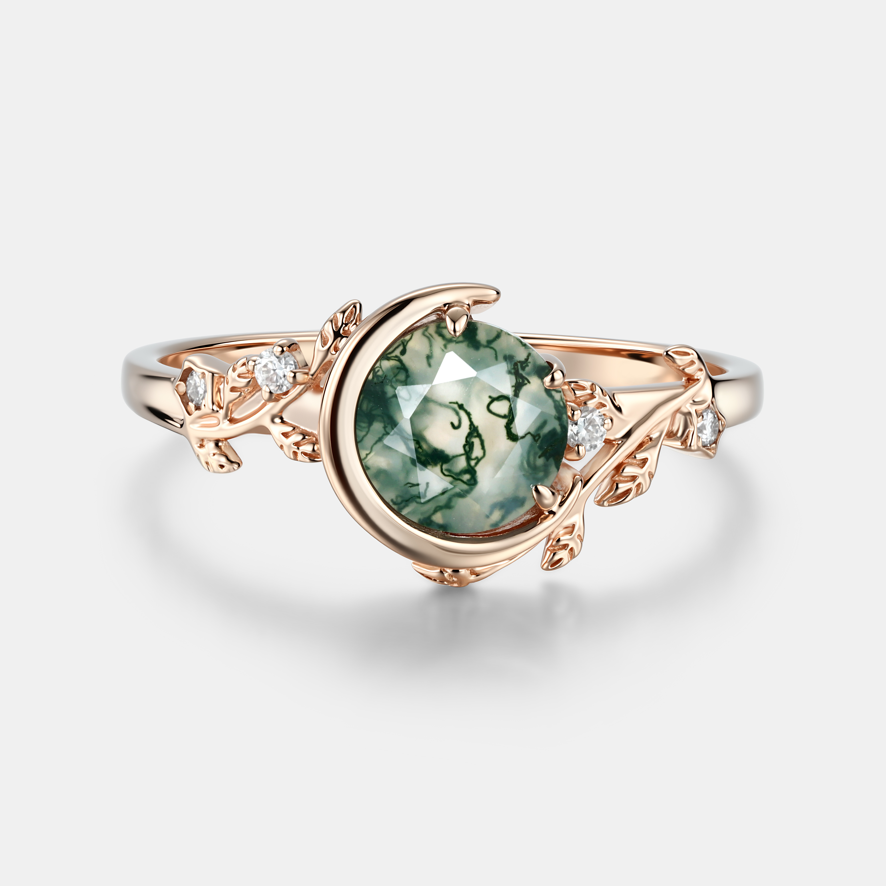 Lucky Round Natural Moss Agate Engagement Ring in Rose Gold | Crescent Leaf Vine Botanical Design with Moissanite Accents