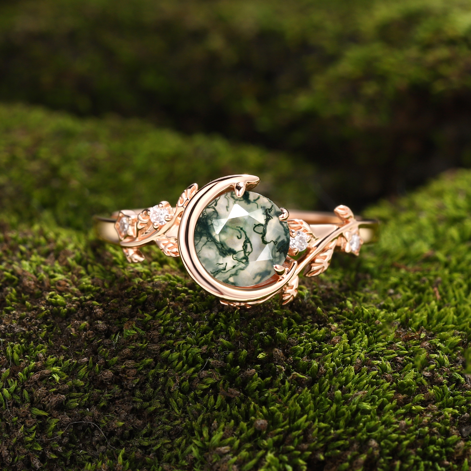 Lucky Round Natural Moss Agate Engagement Ring in Rose Gold | Crescent Leaf Vine Botanical Design with Moissanite Accents