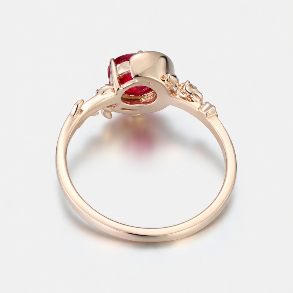 Lucky Round Ruby Engagement Ring in  Rose Gold | Crescent Leaf Vine Botanical Design with Ruby Accents 