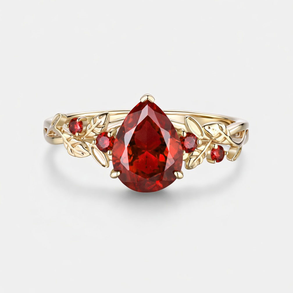 Lucky Pear Lab Grown Ruby Engagement Ring in Yellow Gold | Leaf Vine Botanical Design with Ruby Accents