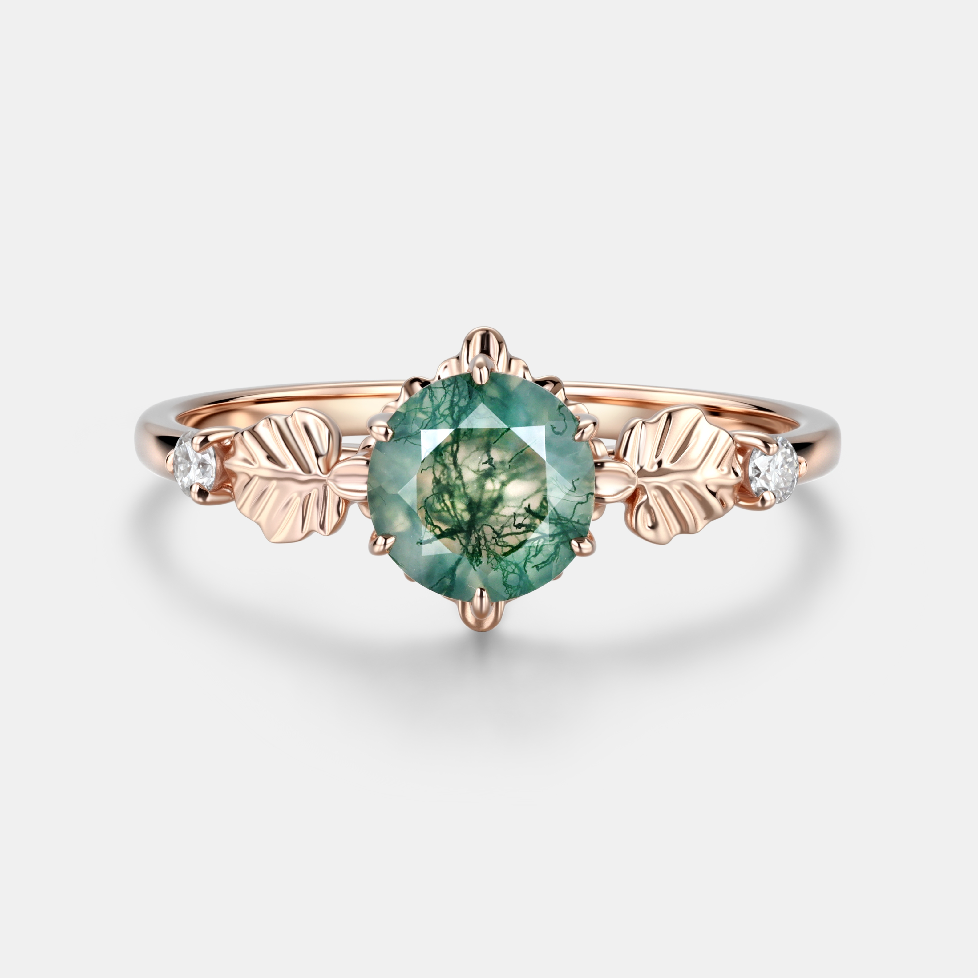 Lucky Round Moss Agate Engagement Ring in Rose Gold | Twin Leaf Embrace with Moissanite Accents