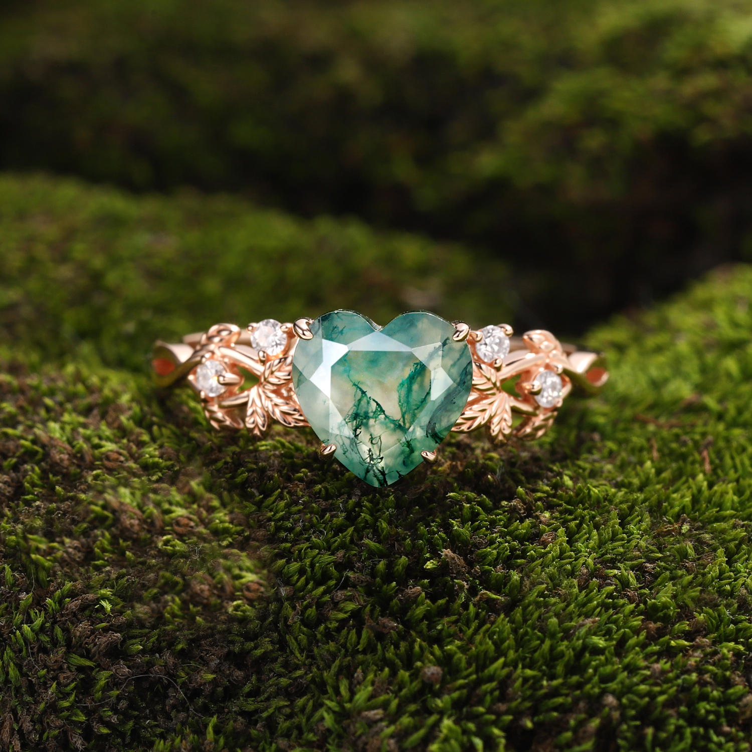 Lucky Heart Natural Moss Agate Engagement Ring in Rose Gold | Leaf Vine Botanical Design with Moissanite Accents