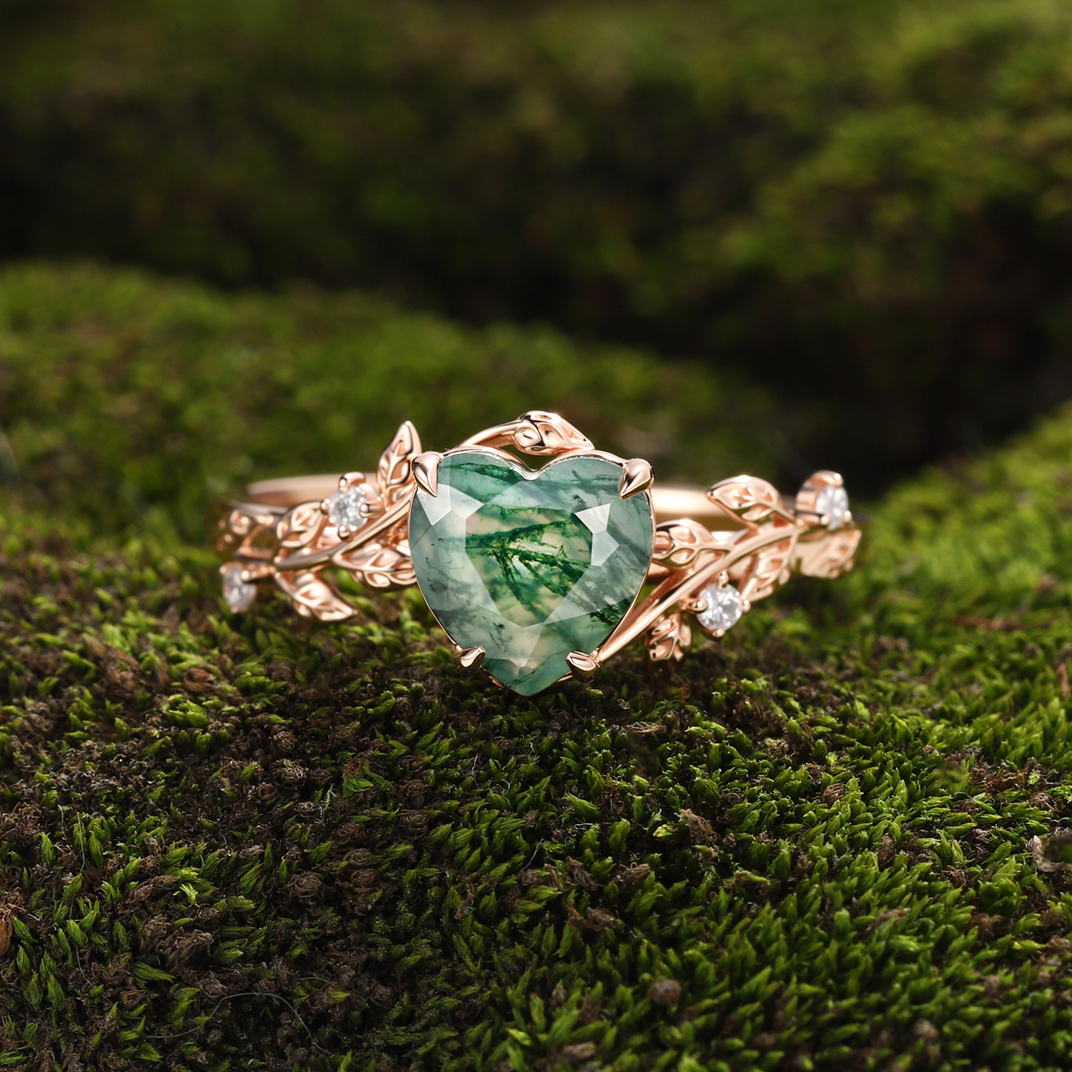 Lucky Heart Natural Moss Agate Engagement Ring in Rose Gold | Leaf Vine Botanical Design with Moissanite Accents