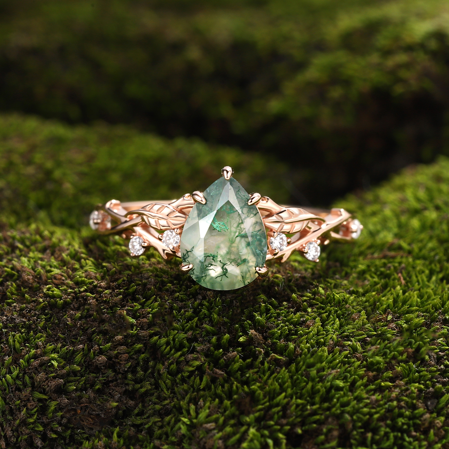 Eternal Canopy Pear Moss Agate Engagement Ring in Rose Gold with Diamond Vine Foliage