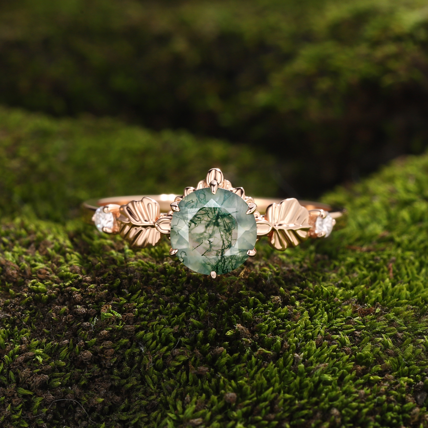Lucky Round Moss Agate Engagement Ring in Rose Gold | Twin Leaf Embrace with Moissanite Accents