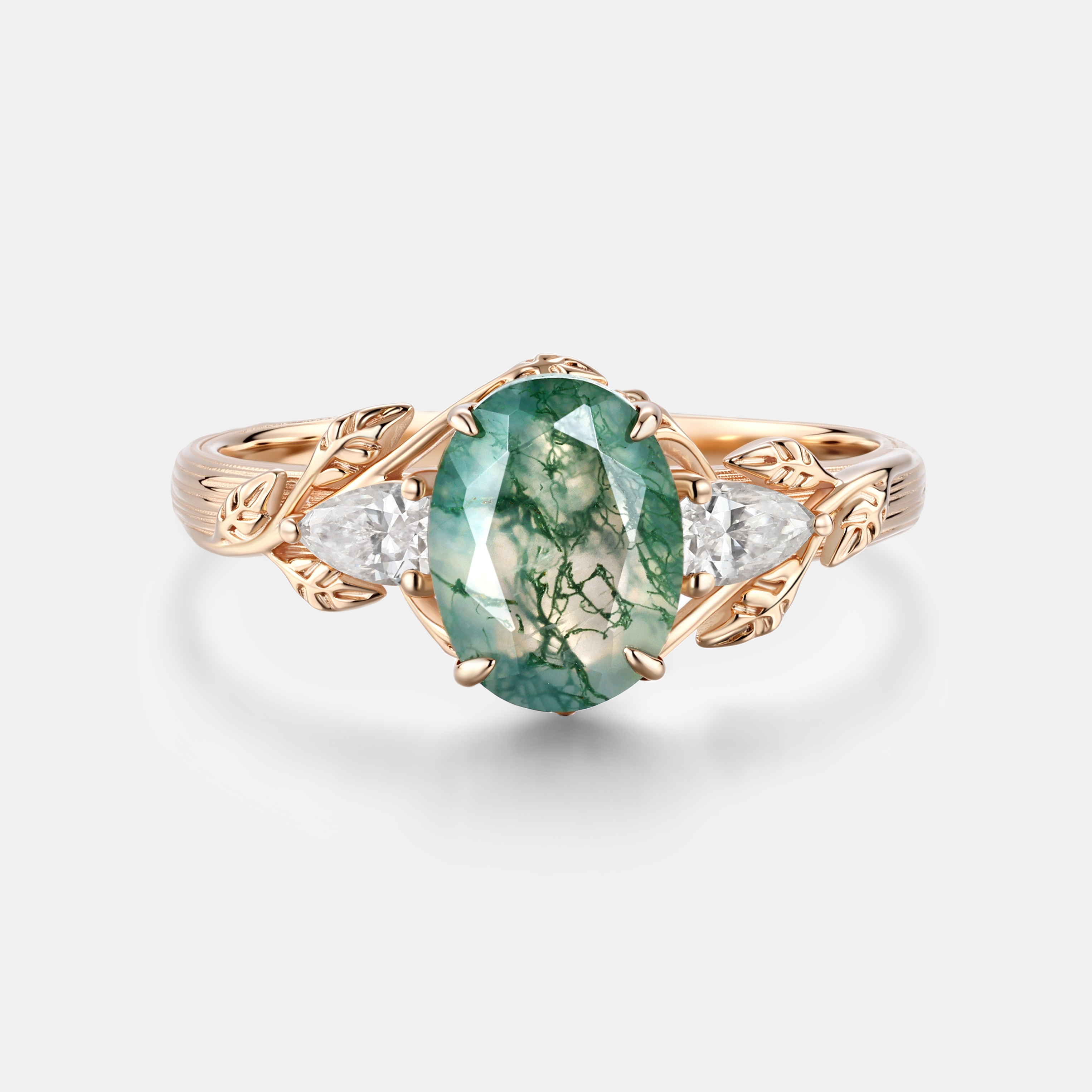 Rose Gold Natural Oval Cut Moss Agate Leaf Vine Three-Stone Ring with Pear Diamond Accents | Nature Artistic Engagement Ring