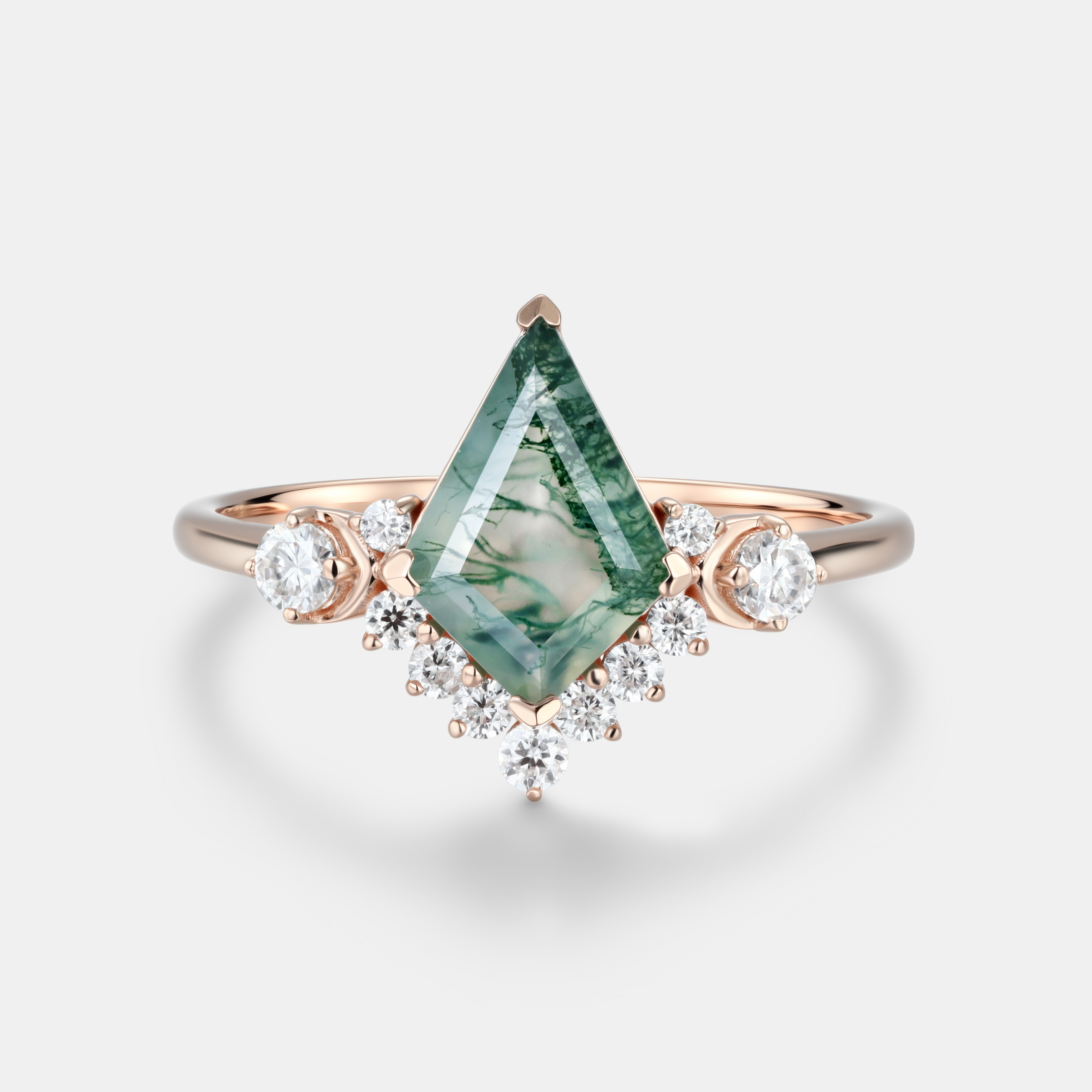 Lucky Kite Cut Moss Agate Engagement Ring in 14K Rose Gold | Diamond Halo Leaf Design