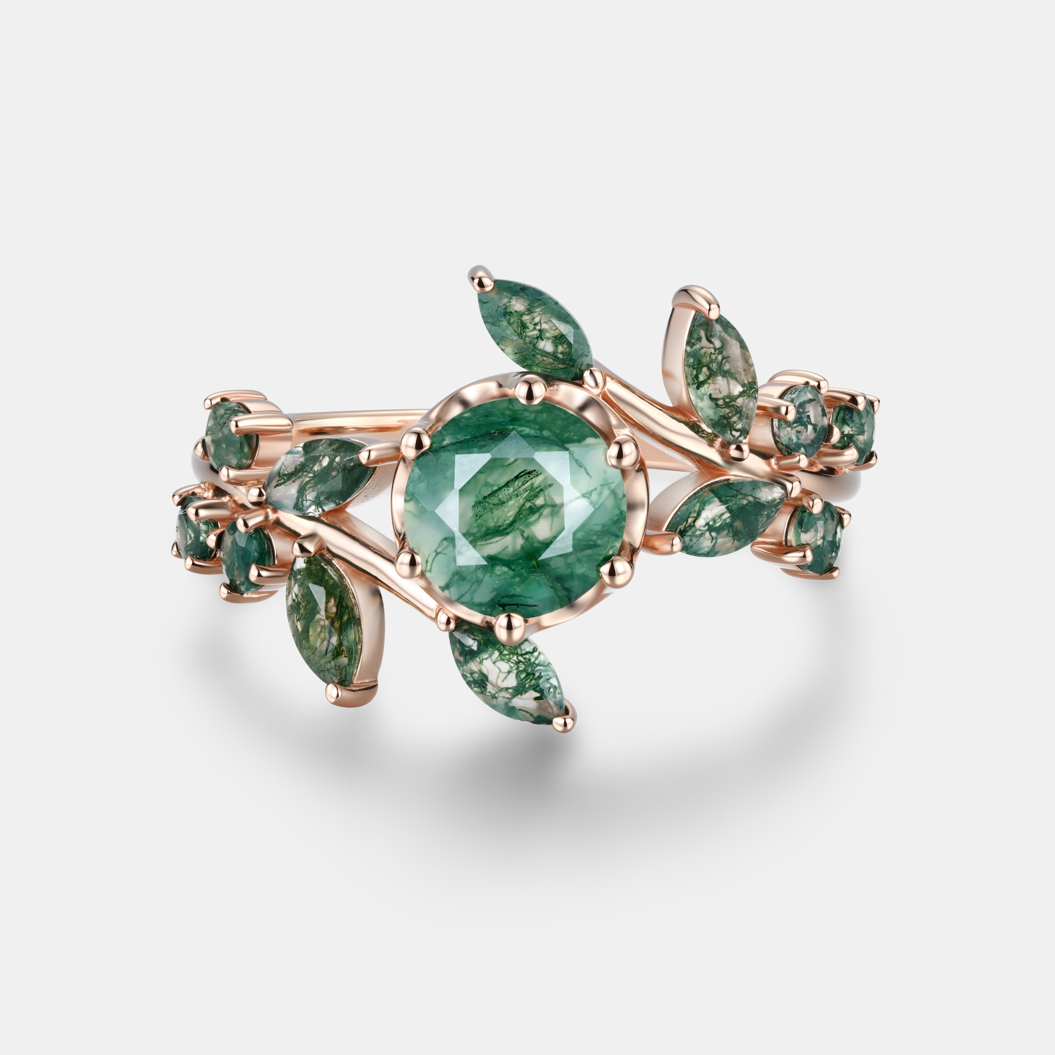 Lucky Blooming Moss Agate Engagement Ring in Rose Gold | Marquise Leaf Cluster Floral Design