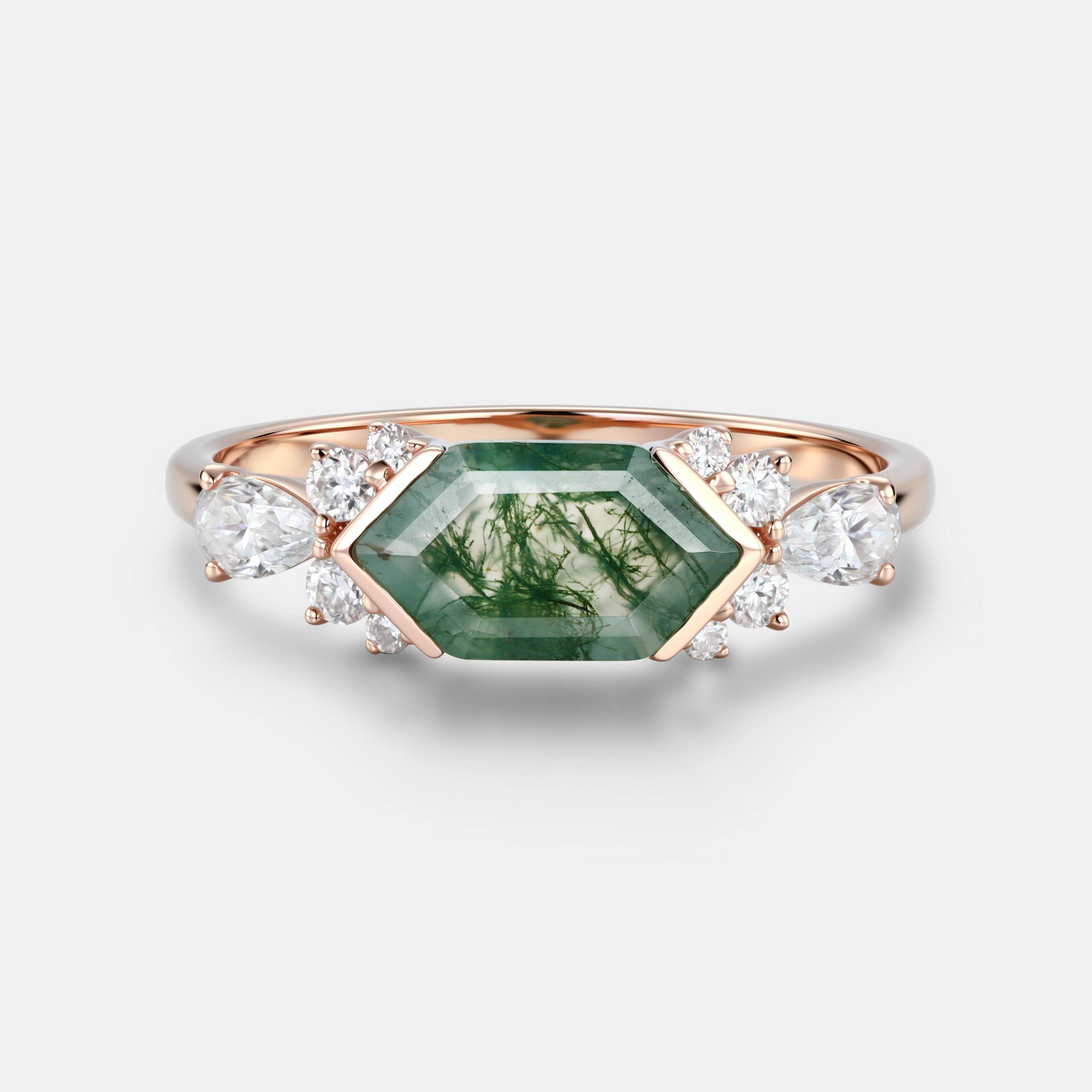 Lucky Hexagon Moss Agate Engagement Ring in 14K Rose Gold | Pear Diamond Trio Accents - LuckyGemstones