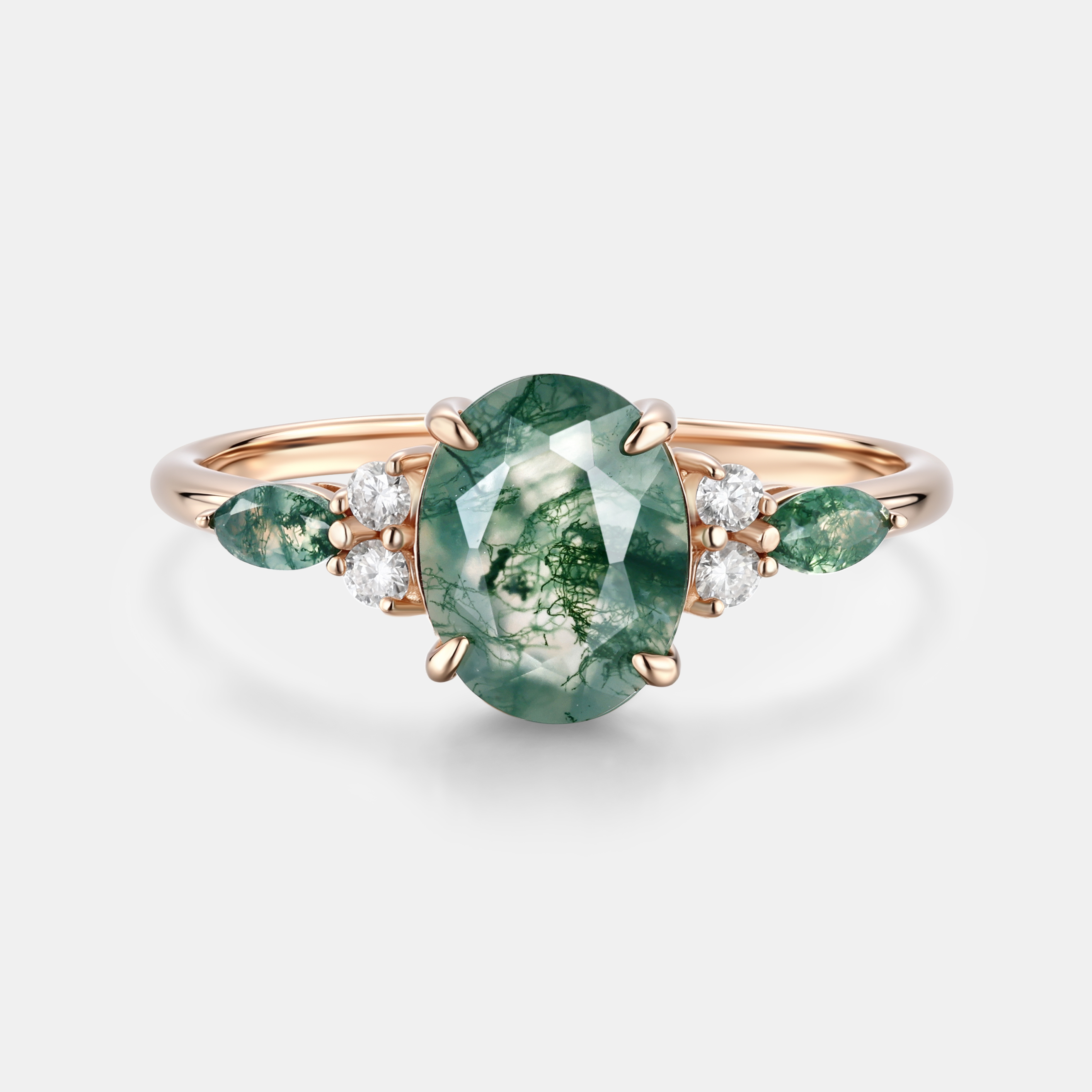 Rose Gold Natural Oval Cut Moss Agate Three-Stone Ring with Matching Pear Moss Agate Sides | Nature-Inspired Engagement Ring