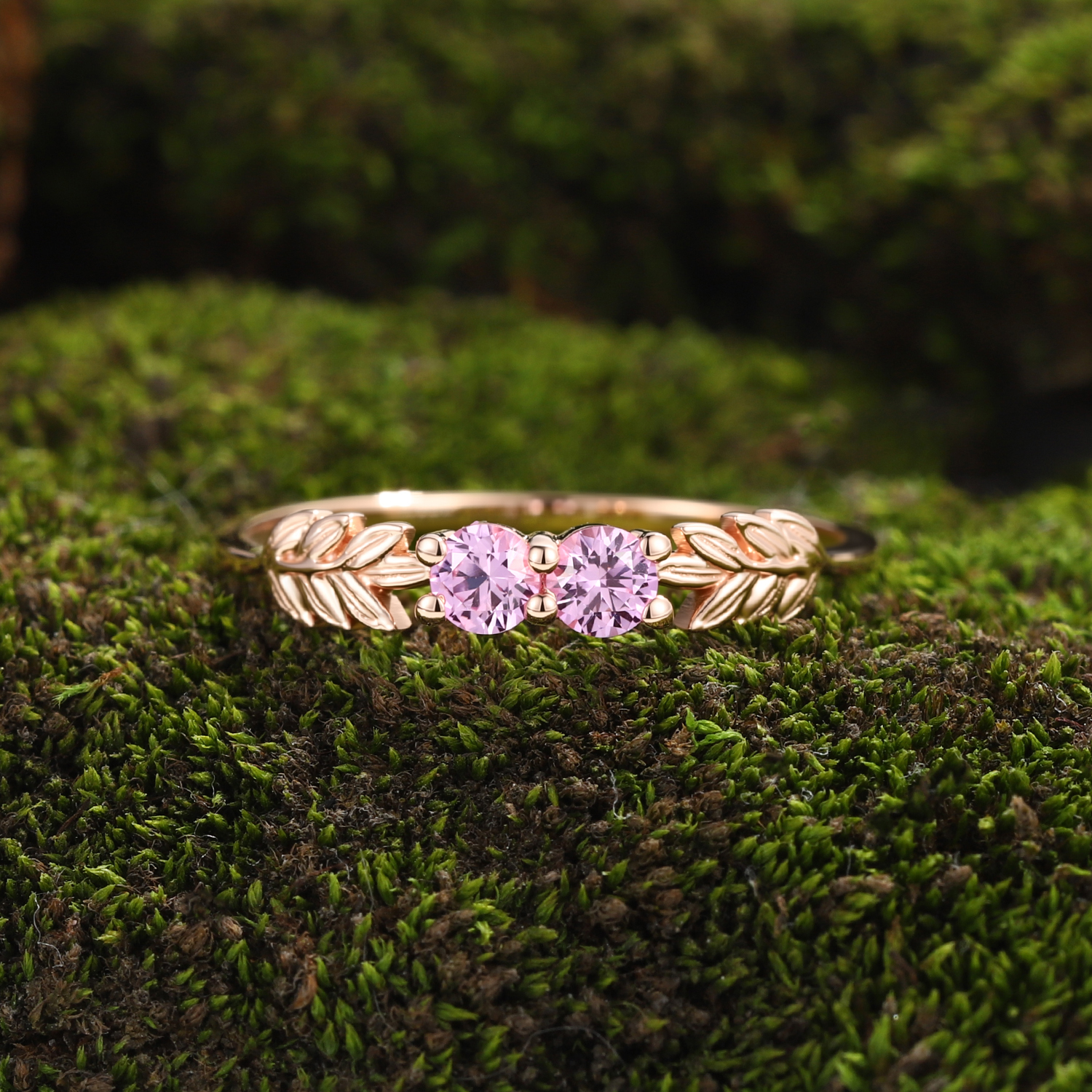 Lucky Gemstones | Round Lab Grown Pink Sapphire Engagement Ring | Rose Gold Band | Natural -Inspired Design