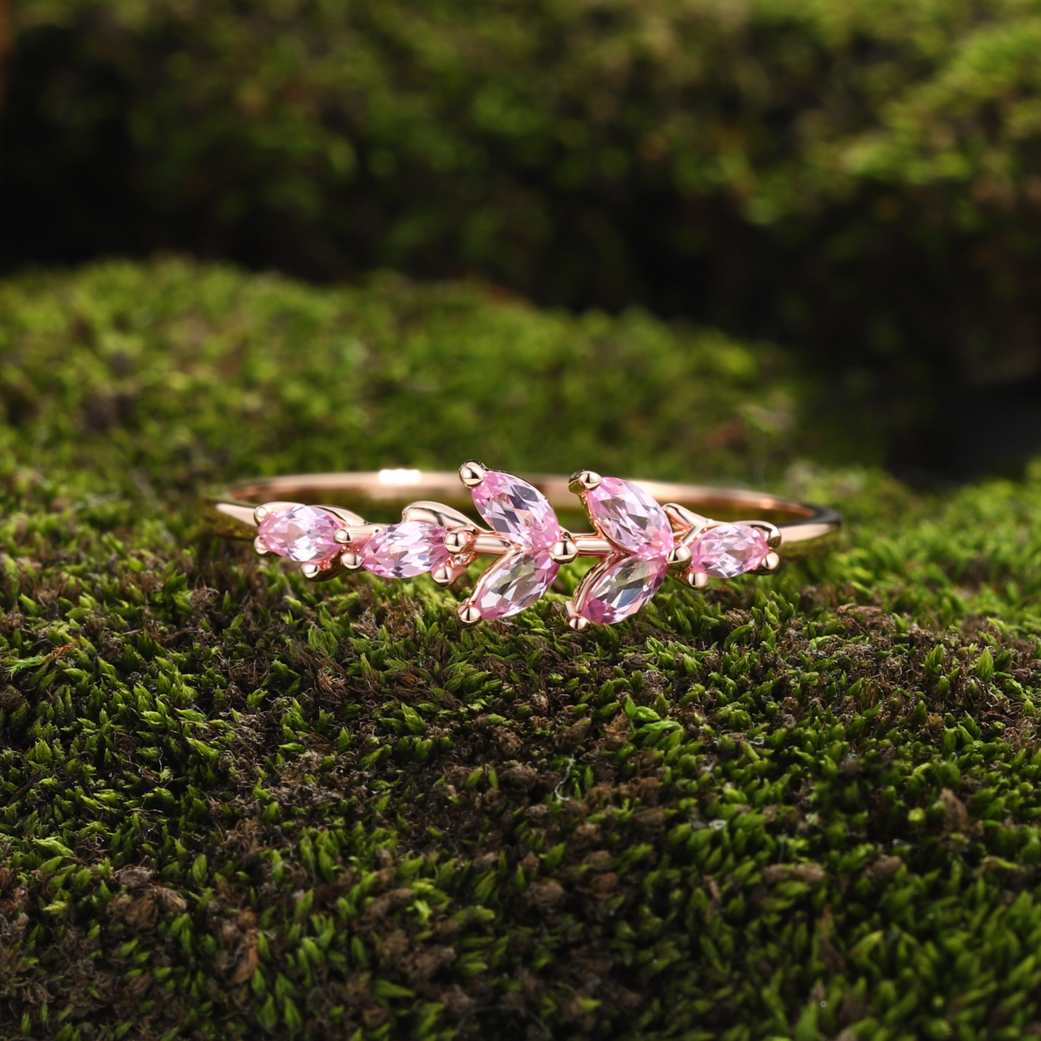 Lucky Gemstones | Marquise Lab Grown Pink Sapphire Wedding Band | Sapphire Cluster Rose Gold Band | Natural -Inspired Design