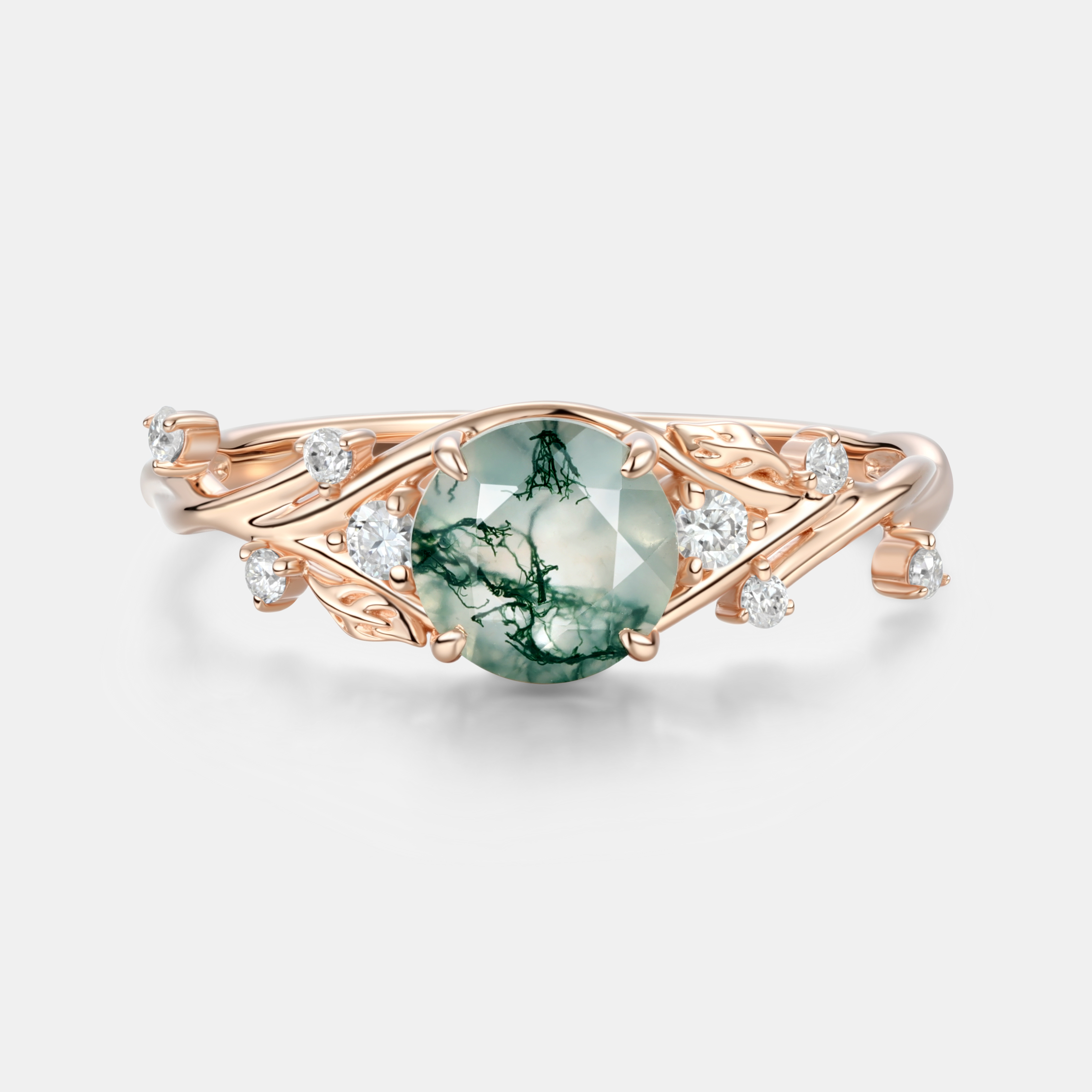 Lucky Gemstone | Round Moss Agate Engagement Ring in Rose Gold | Moissanite Accents | Nature-inspired Leaf & Vine Desaign