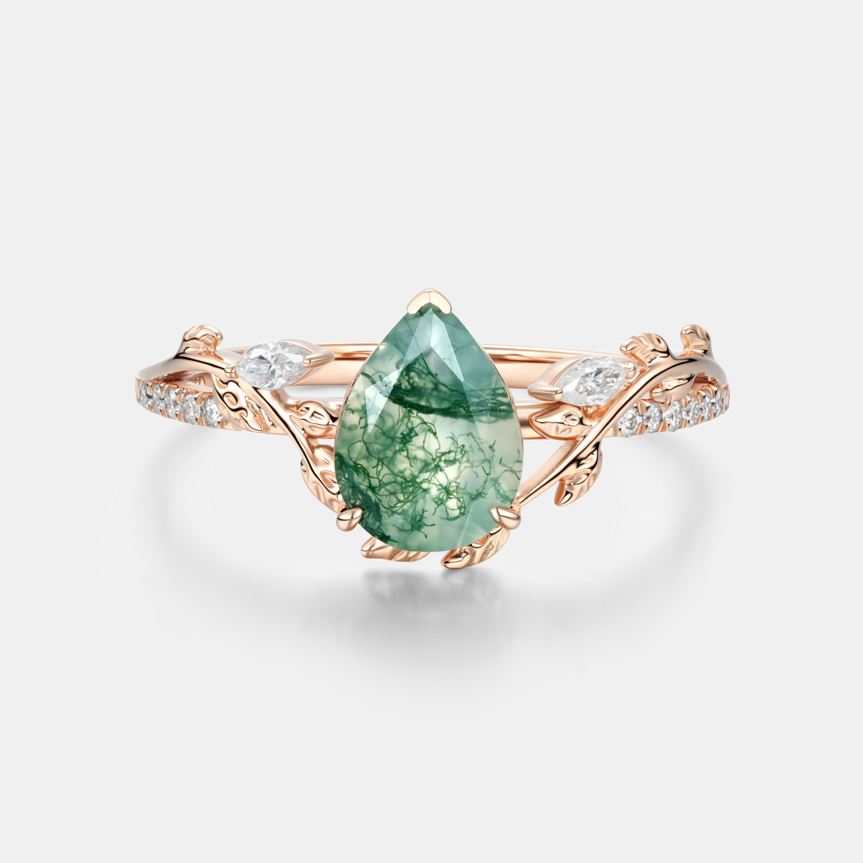 Lucky Gemstone | Pear Cut Natural Moss Agate Engagement Ring in Rose Gold | Natural-Inspired Design with Moissanite Accents