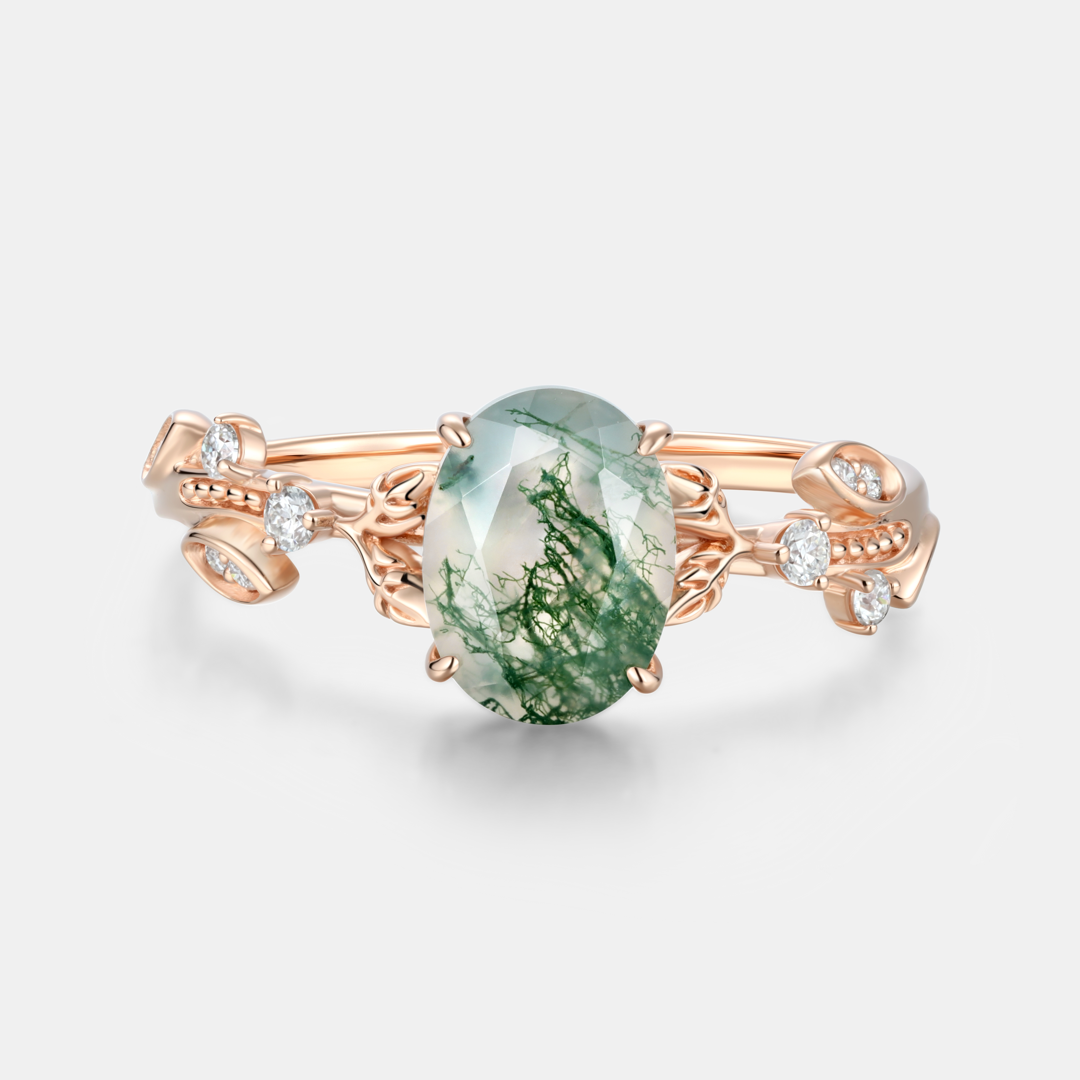 Lucky Gemstone | Oval Cut Natural Moss Agate Engagement Ring in Rose Gold | Laef & Vine Design with Moissanite Accents