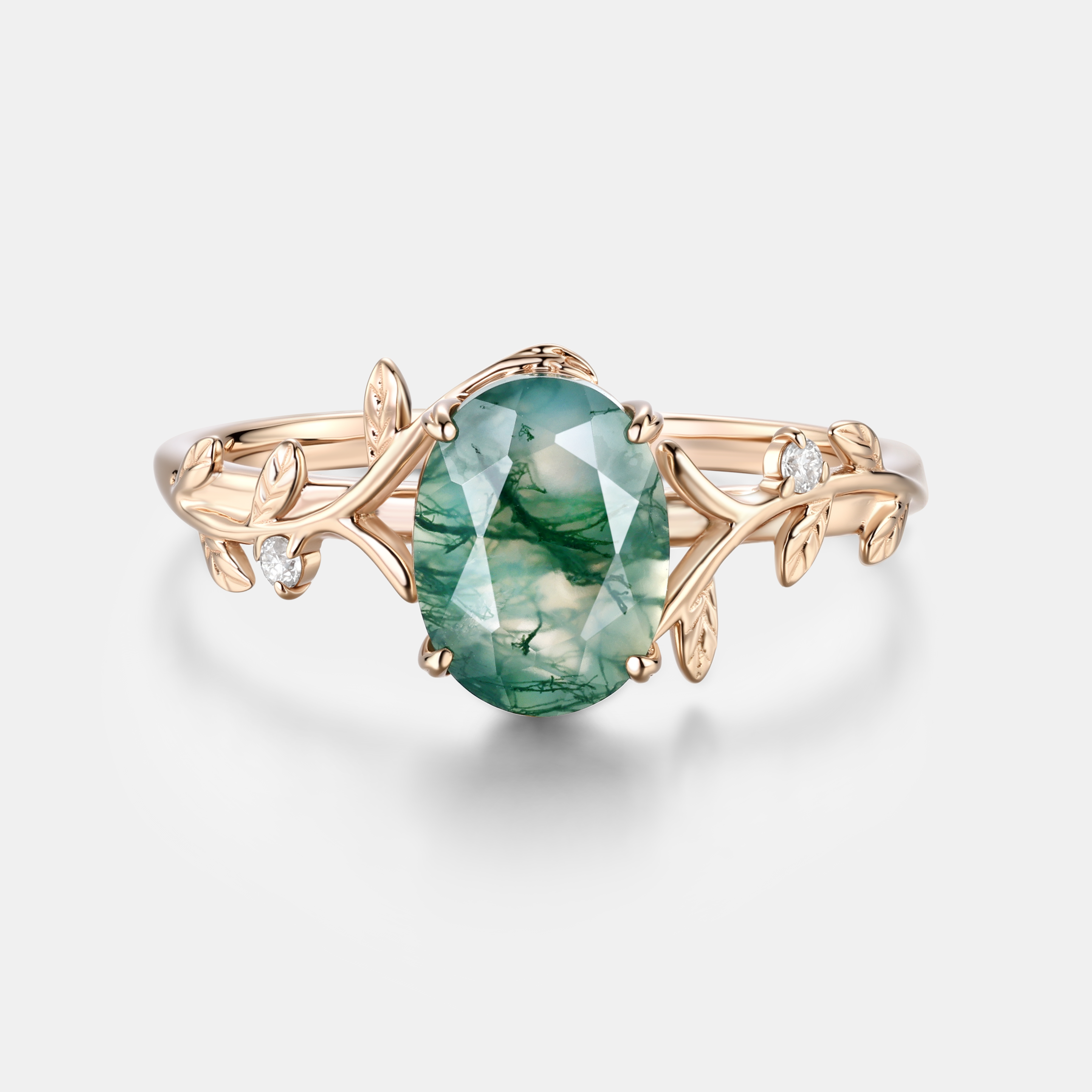Oval Moss Agate Rose Gold Leaf Ring with Symmetrical Carved Leaves | Unique Forest Boho