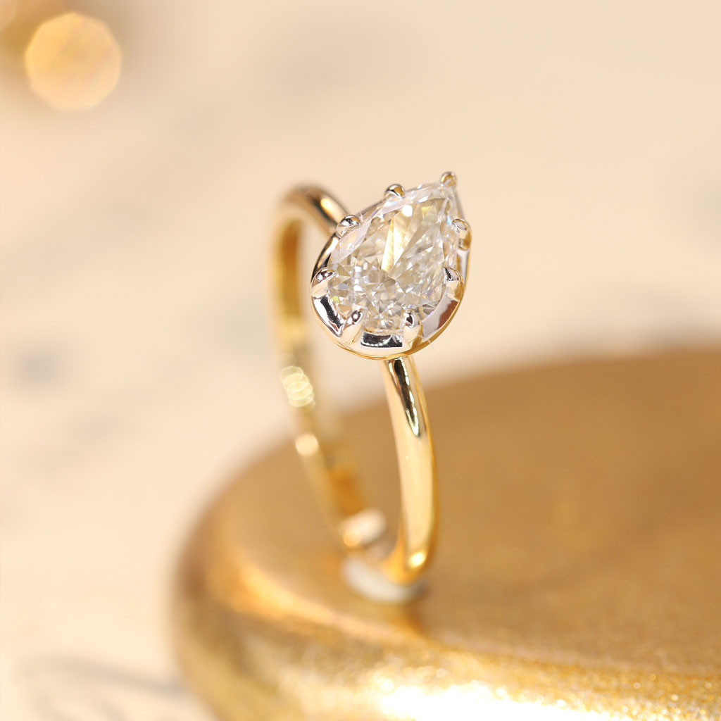 Lucky Pear Solitaire Lab Grown Diamond Engagement Ring in 14K Two-Tone Gold | Classic Yellow Gold Band with White Gold Setting