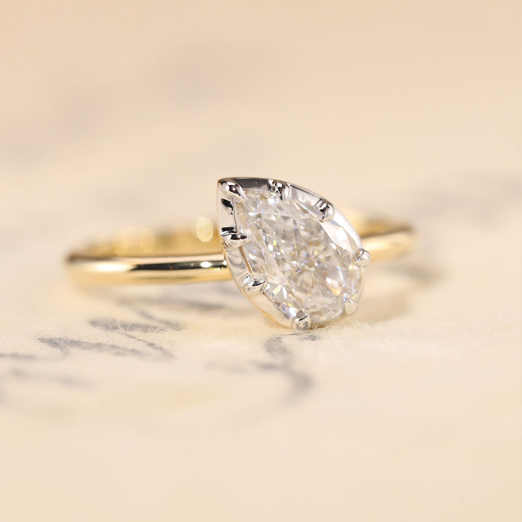 Lucky Pear Solitaire Lab Grown Diamond Engagement Ring in 14K Two-Tone Gold | Classic Yellow Gold Band with White Gold Setting