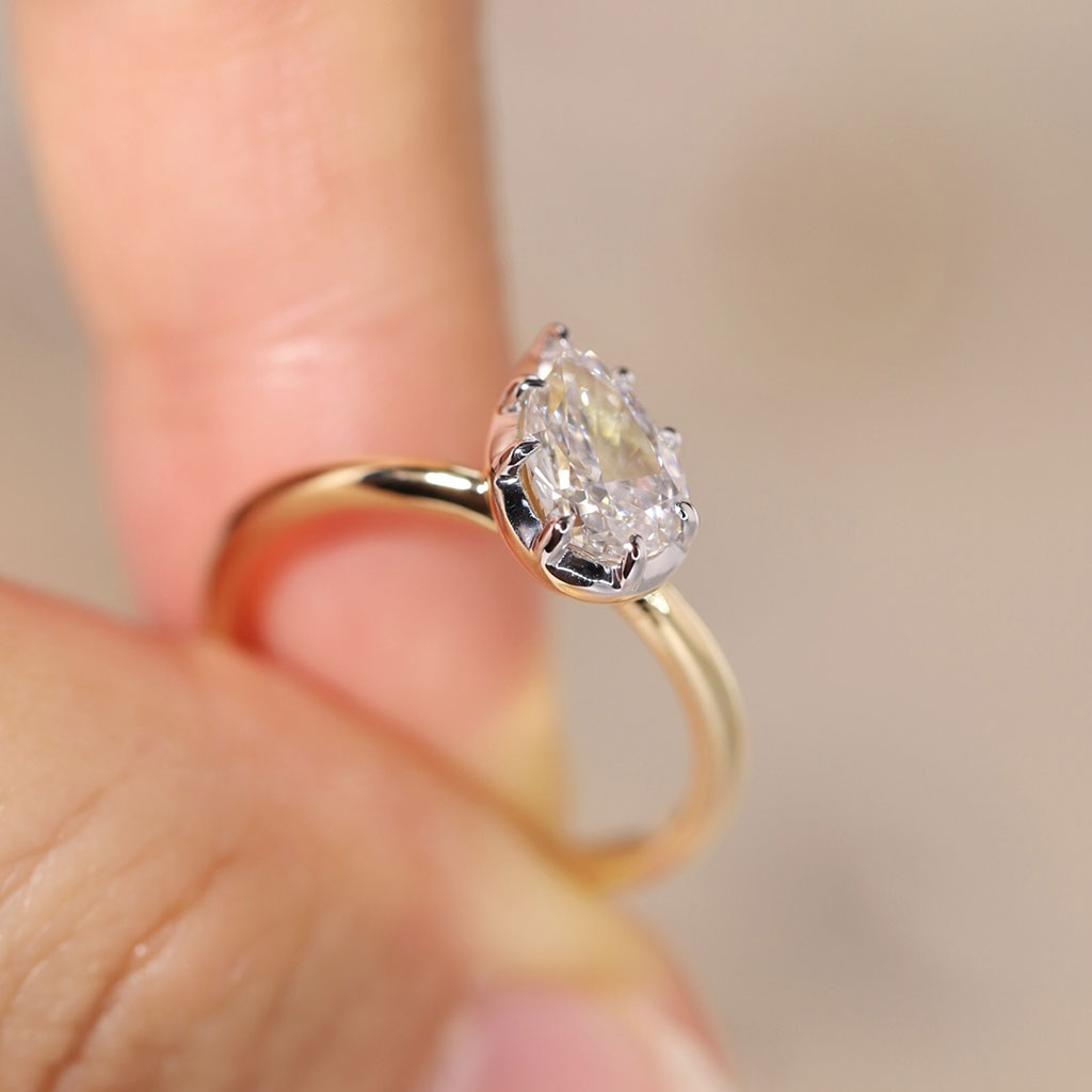 Lucky Pear Solitaire Lab Grown Diamond Engagement Ring in 14K Two-Tone Gold | Classic Yellow Gold Band with White Gold Setting