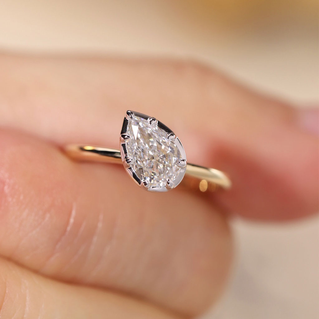 Lucky Pear Solitaire Lab Grown Diamond Engagement Ring in 14K Two-Tone Gold | Classic Yellow Gold Band with White Gold Setting