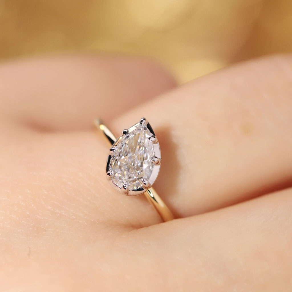 Lucky Pear Solitaire Lab Grown Diamond Engagement Ring in 14K Two-Tone Gold | Classic Yellow Gold Band with White Gold Setting